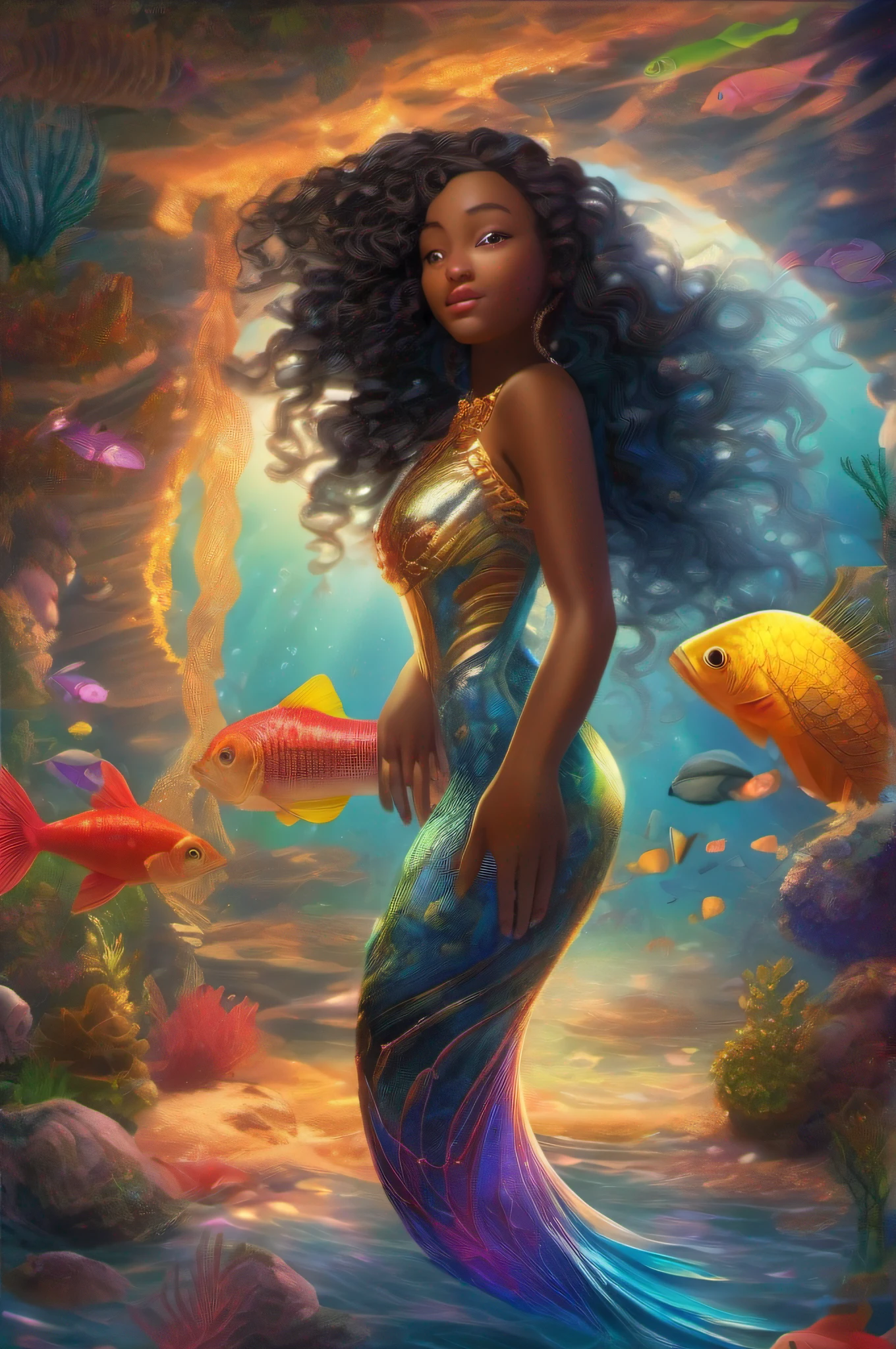 a black girl in a fantastical underwater kingdom, vibrant marine life and coral reefs, sparkling sunlight filtering through the water, flowing seaweed and colorful fish swimming around, the girl has long flowing hair and is wearing a shimmering mermaid tail, the scene is captured in a photorealistic style, with vivid colors and sharp focus, the lighting is ethereal and gives a magical atmosphere, the overall image quality is of the highest standard, with ultra-detailed texture and fine details, the colors are vibrant and the tones are rich, creating a mesmerizing and enchanting artwork.