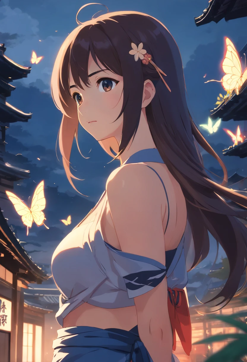 (Ancient Japan:1.2),(Best quality,A high resolution,Masterpiece:1.2),(cinematic Film still from),(Dark atmosphere:1.3),(1 beautiful woman),(A 23-year-old woman with semi-long hair and :1.2),(up-close,Only the upper body is shown:1.0),(Loose clothing that exposes the neck:1.2),(depth of fields),(The background is covered with butterflies:1.05)