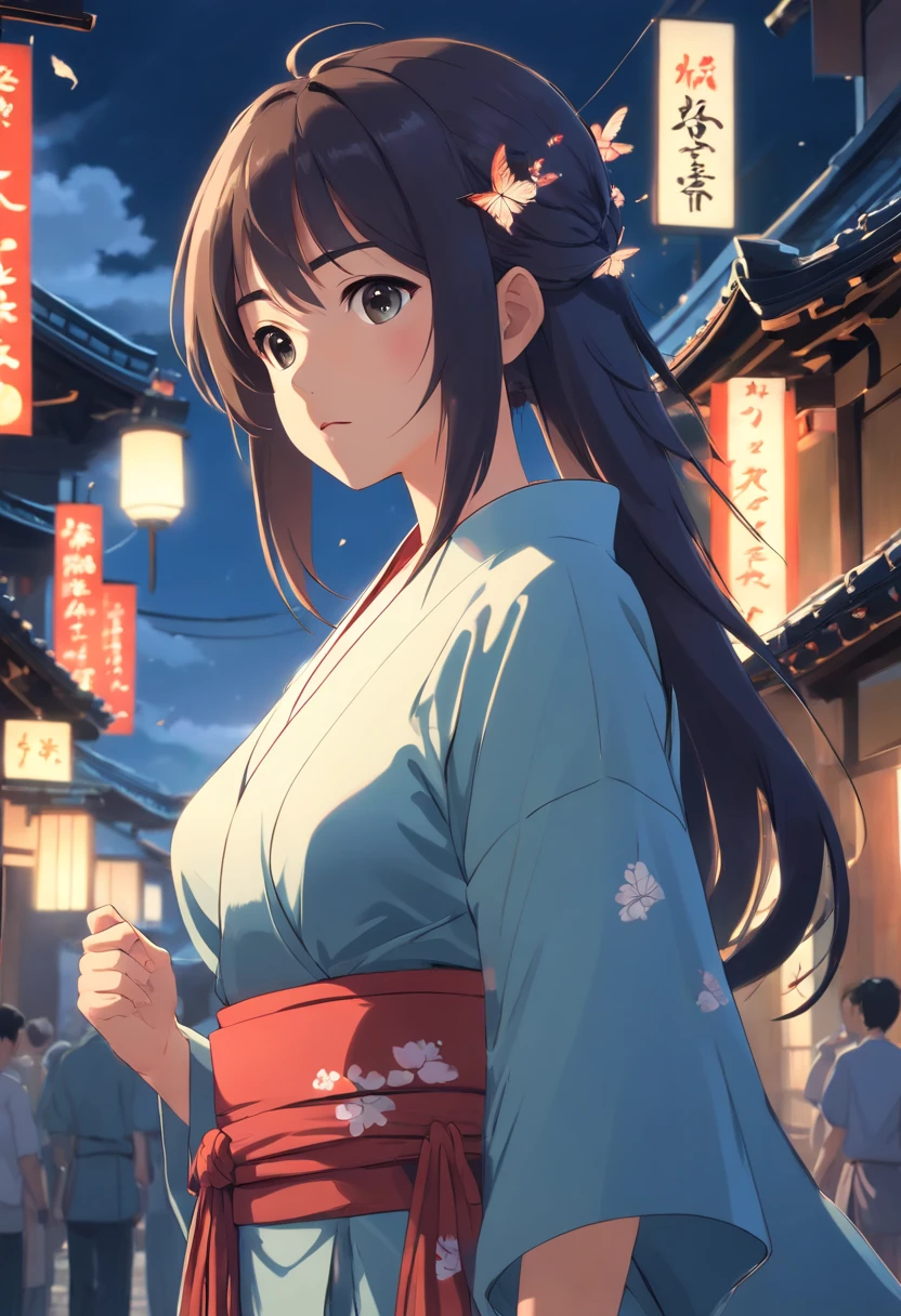 (Ancient Japan:1.2),(Best quality,A high resolution,Masterpiece:1.2),(cinematic Film still from),(Dark atmosphere:1.3),(1 beautiful woman),(A 23-year-old woman with semi-long hair and big breasts:1.2),(up-close,Only the upper body is shown:1.0),(Loose clothing that exposes the neck:1.2),(depth of fields),(The background is covered with butterflies:1.05)