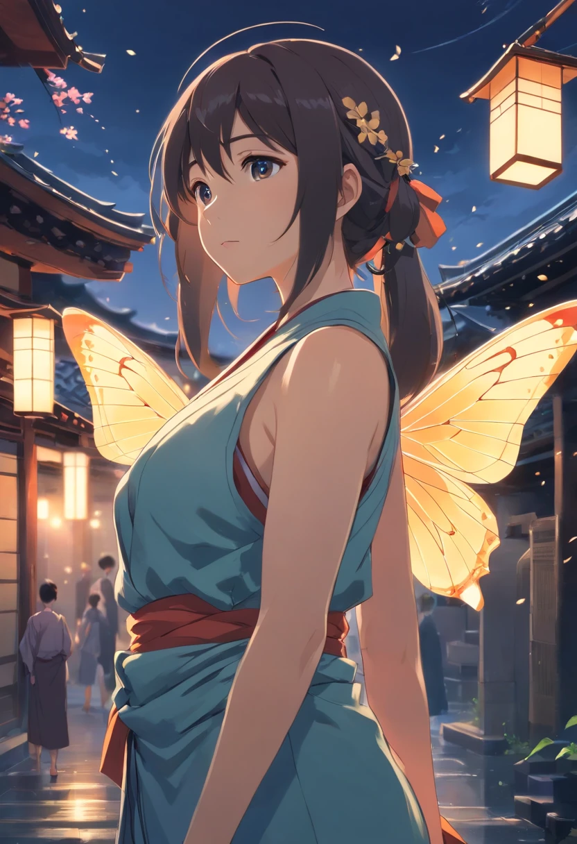 (Ancient Japan:1.2),(Best quality,A high resolution,Masterpiece:1.2),(cinematic Film still from),(Dark atmosphere:1.3),(1 beautiful woman),(A 23-year-old woman with semi-long hair and big breasts:1.2),(up-close,Only the upper body is shown:1.0),(Loose clothing that exposes the neck:1.2),(depth of fields),(The background is covered with butterflies:1.05)