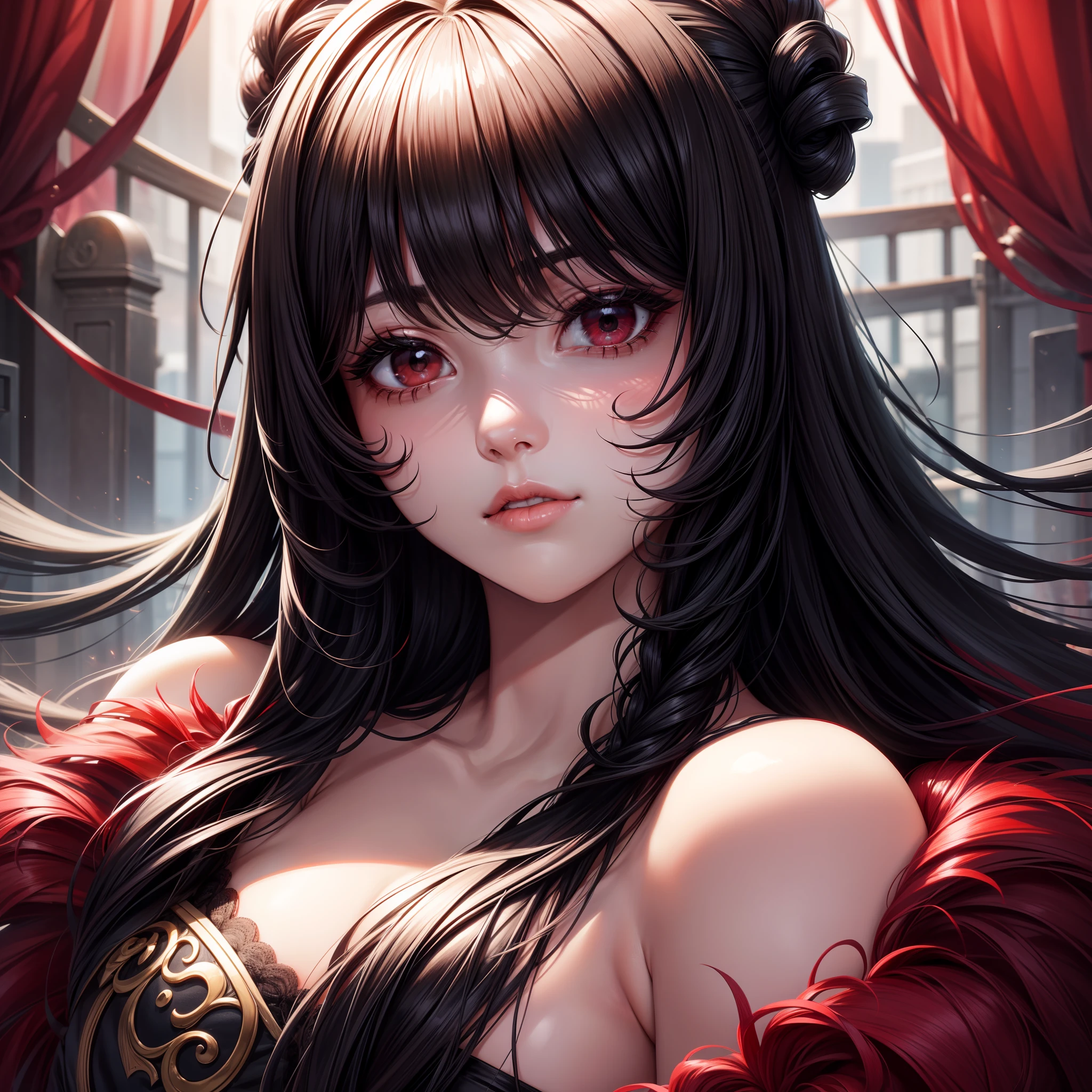 Beautiful girl , ((Black eyes)), 8k, Realistic, ultra-detail, (Black hair), (Red color at the ends of the hair), Curly Hair