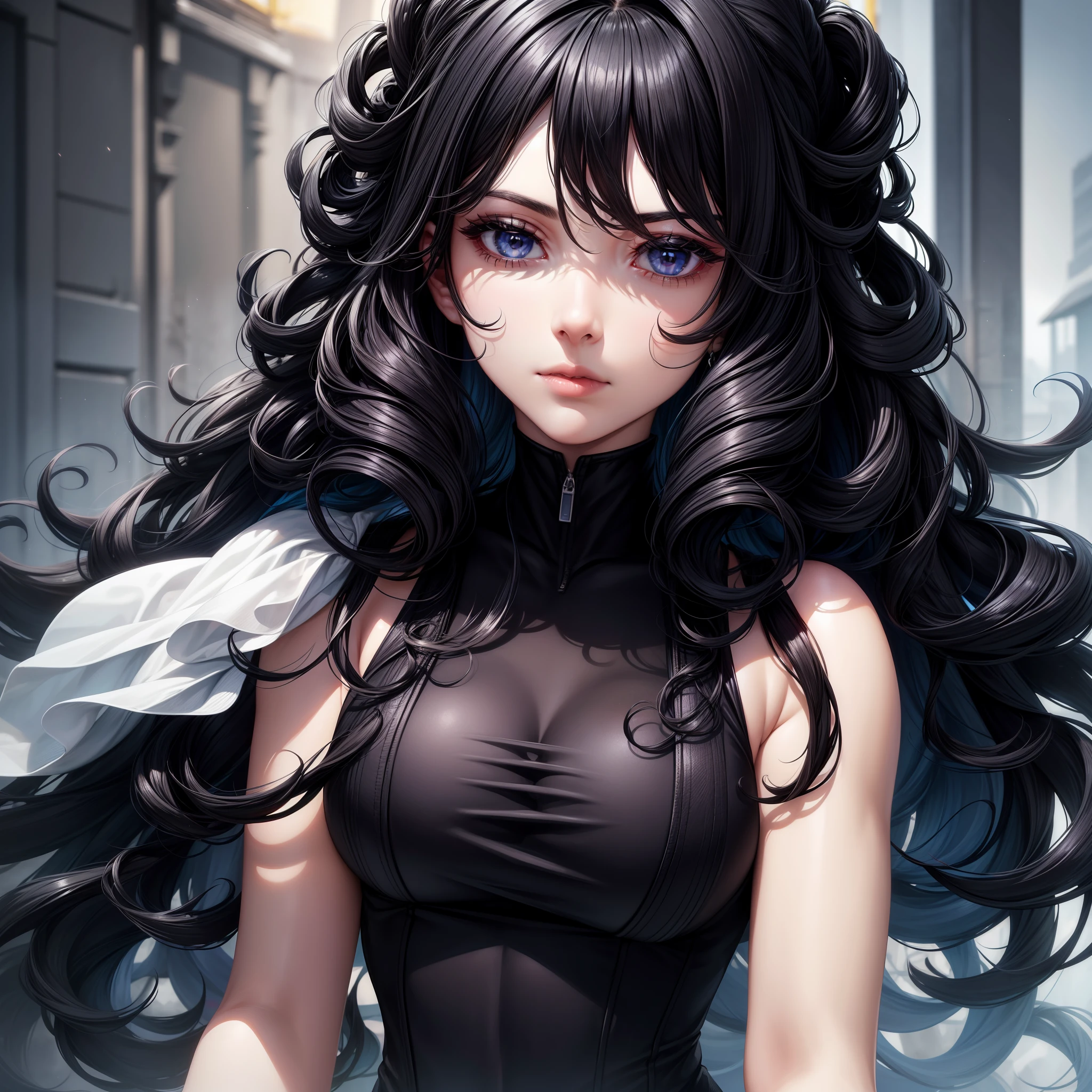 Beautiful girl , ((black color eyes)), 8k, realistic, ultra details, (black hair), (blue color at the ends of the hair), curly hair