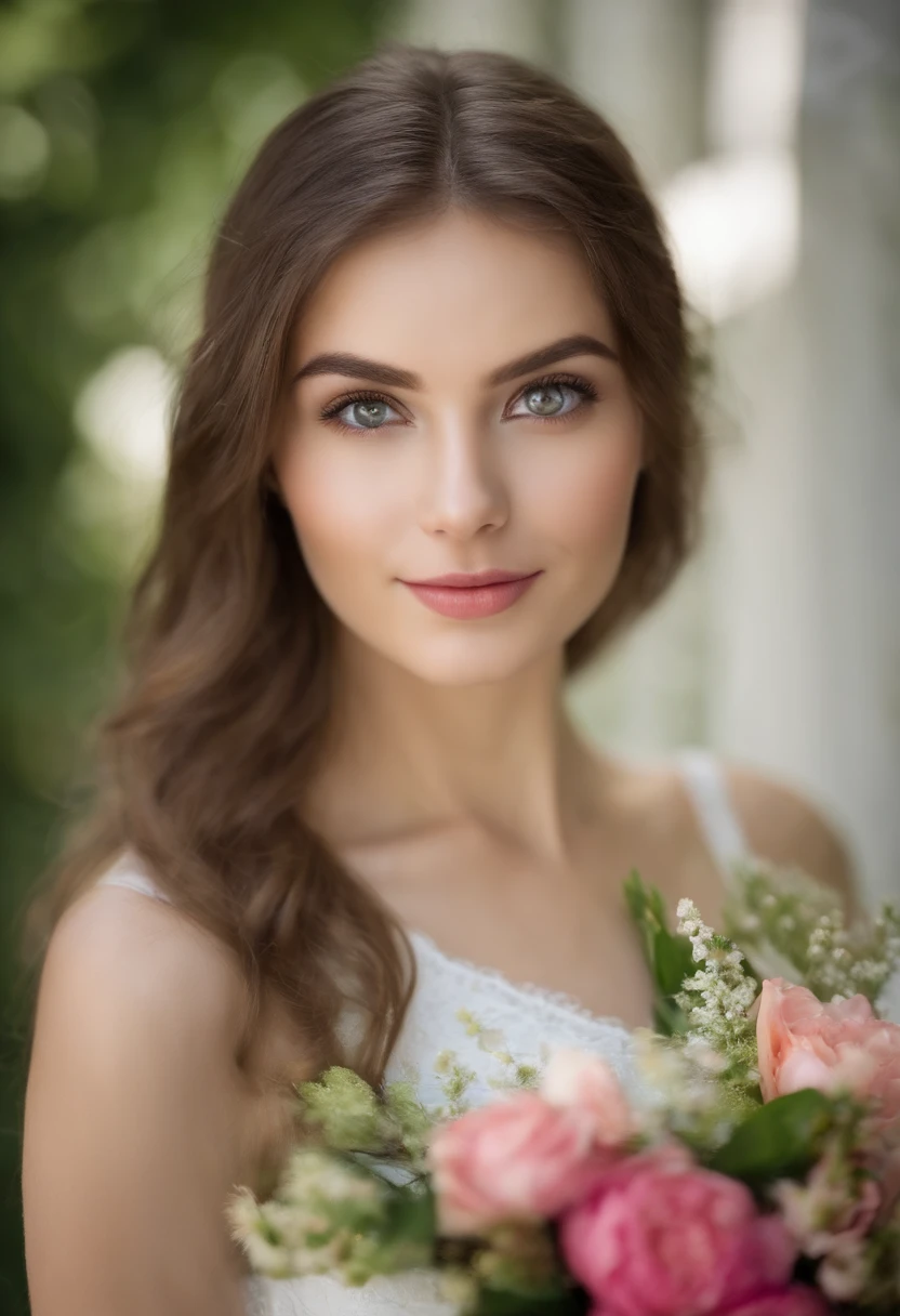 Very pretty, Jung, Beautiful 19-year-old girl with big eyes. Your skin is very smooth and beautiful. She wears a denim skimono with a lace collar::80 Haar Kurz Bob. Ihr Haar ist braun. The background wall is decorated with colorful flowers. Sie posiert diagonal mit dem Gesicht nach vorne gerichtet. Soft light illuminates the girl. She holds a large bouquet of flowers in her hands. Kamera: Sony, 85mm F/1.8 Linsen, ISO 200, light depth of field, verschwommener Hintergrund.Gesicht der Details、Detaillierte Titten、