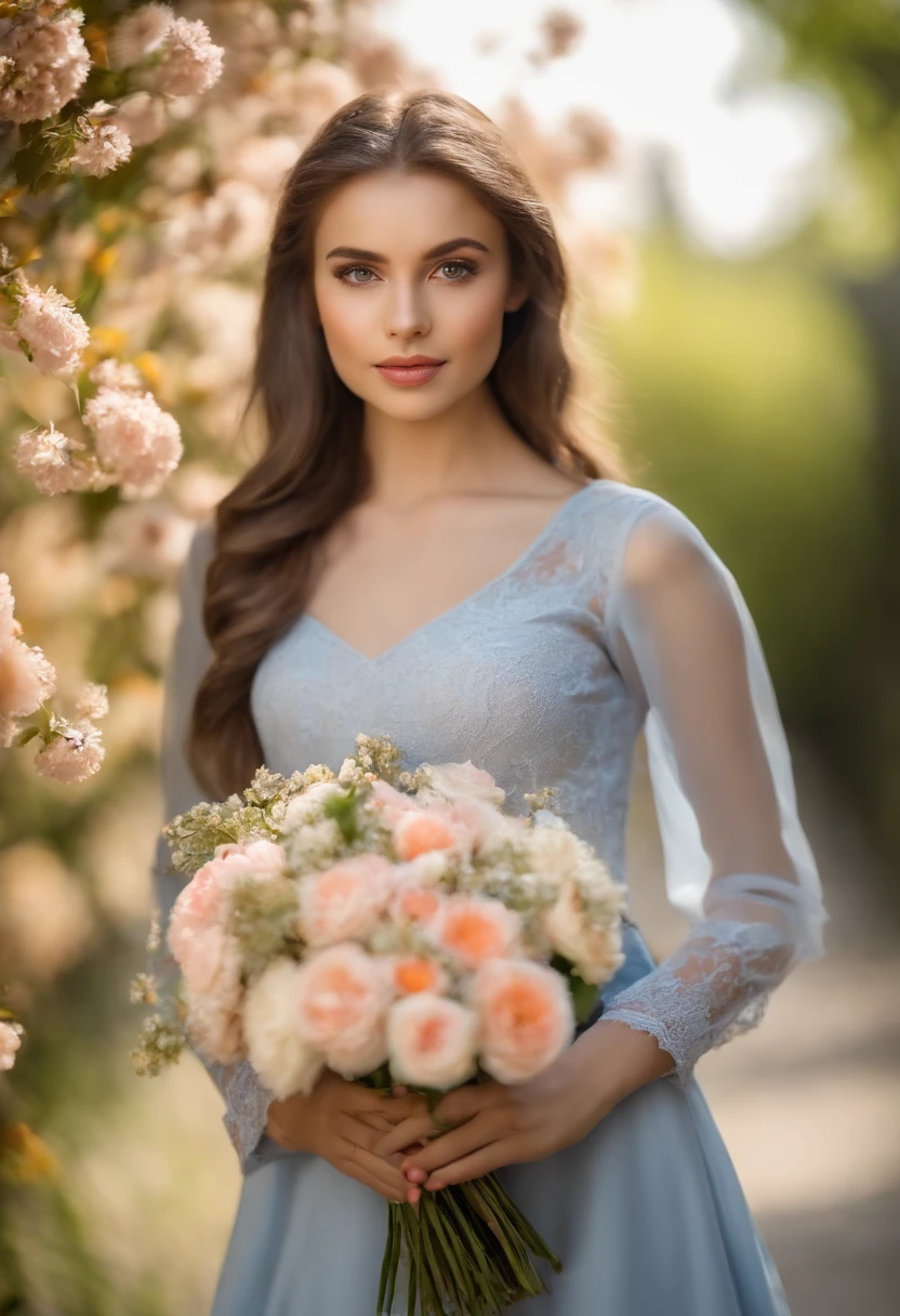 Very pretty, Jung, Beautiful 19-year-old girl with big eyes. Your skin is very smooth and beautiful. She wears a denim skimono with a lace collar::80 Haar Kurz Bob. Ihr Haar ist braun. The background wall is decorated with colorful flowers. Sie posiert diagonal mit dem Gesicht nach vorne gerichtet. Soft light illuminates the girl. She holds a large bouquet of flowers in her hands. Kamera: Sony, 85mm F/1.8 Linsen, ISO 200, light depth of field, verschwommener Hintergrund.Gesicht der Details、Detaillierte Titten、