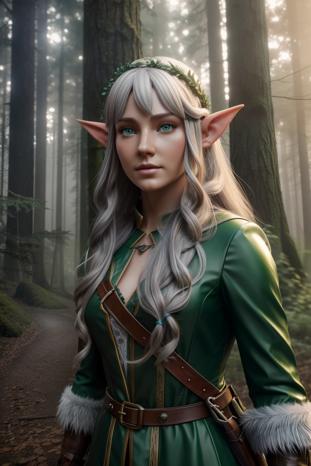 an elf girl, going on an adventure, through the woods, action shot, dressed in a costume with arrows on her belt, in the style of green and light emerald, ambitious, detailed costumes, i can't believe how beautiful this is, pop-culture-infused, functionality emphasis, whirring contrivances, locks eyes into the camera, symmetrical face, symmetrical eyes, photorealistic, soft pastel colours, intricate, path tracing, illustration, insanely detailed, path traced hair, shadow mapping, volumetric lighting, magical lights in the forest, fairy tale atmosphere, foggy forest, close up shot