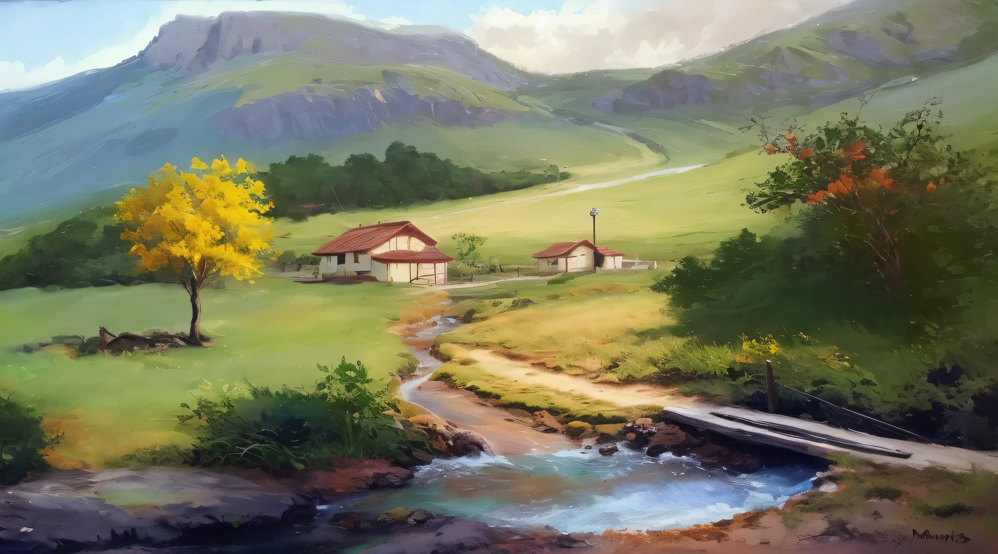 pintura de uma pequena casa , with a stream running crystal clear waters, montanhas ao fundo,super realista,8k