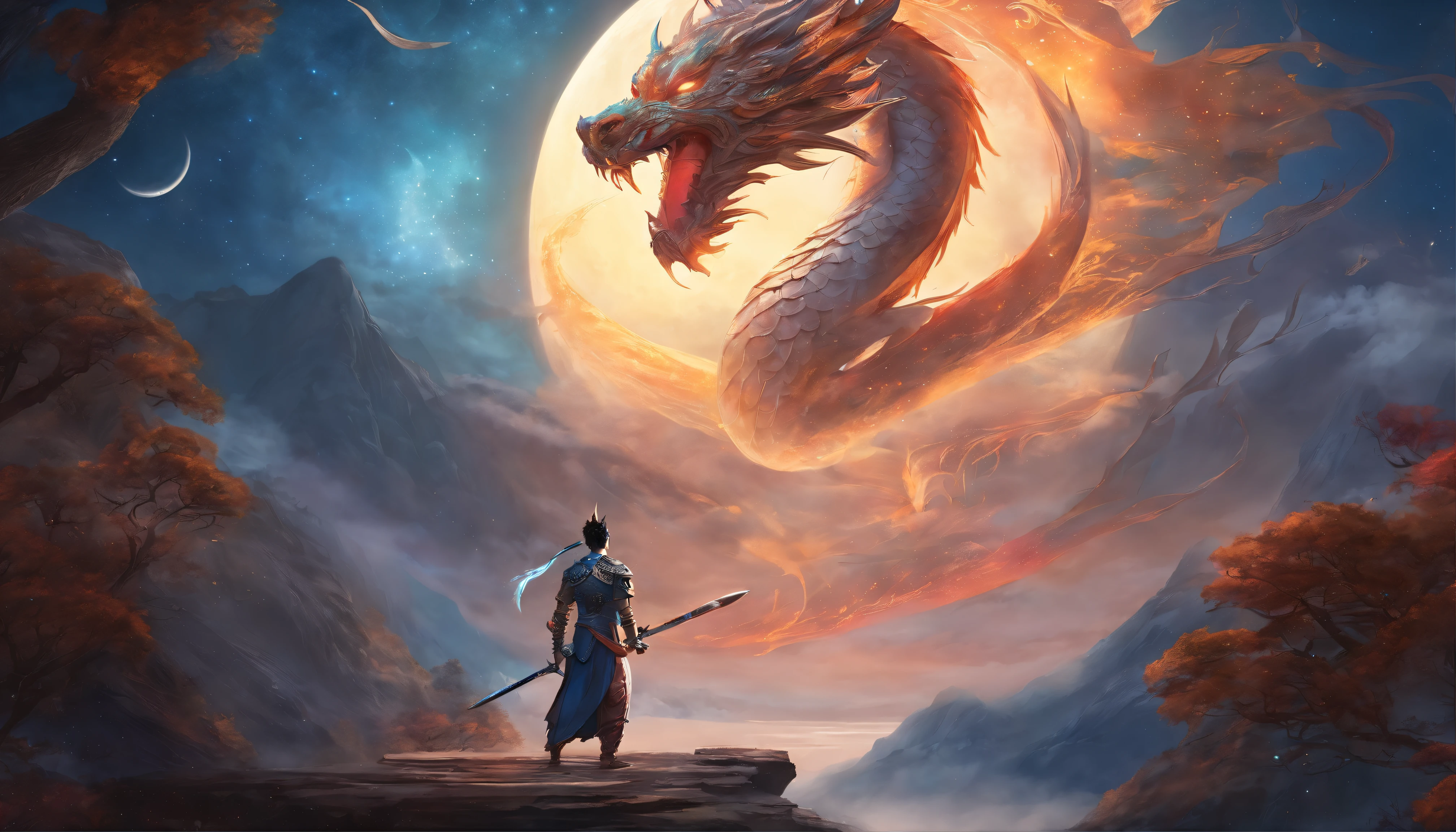 A cosmic starry sky in the background, a blue moon floats in the sky. A White Chinese divine dragon hovers around the moon, among the clouds at night. A man faces the camera, with a mandala above his head. He holds a divine halberd in his right hand and a ball of magic in his left. The man has magical glowing tattoos on his body. He has dragon scale gauntlets on his arms and pauldrons on his shoulders. A katana is strapped to his back. Cosmic theme