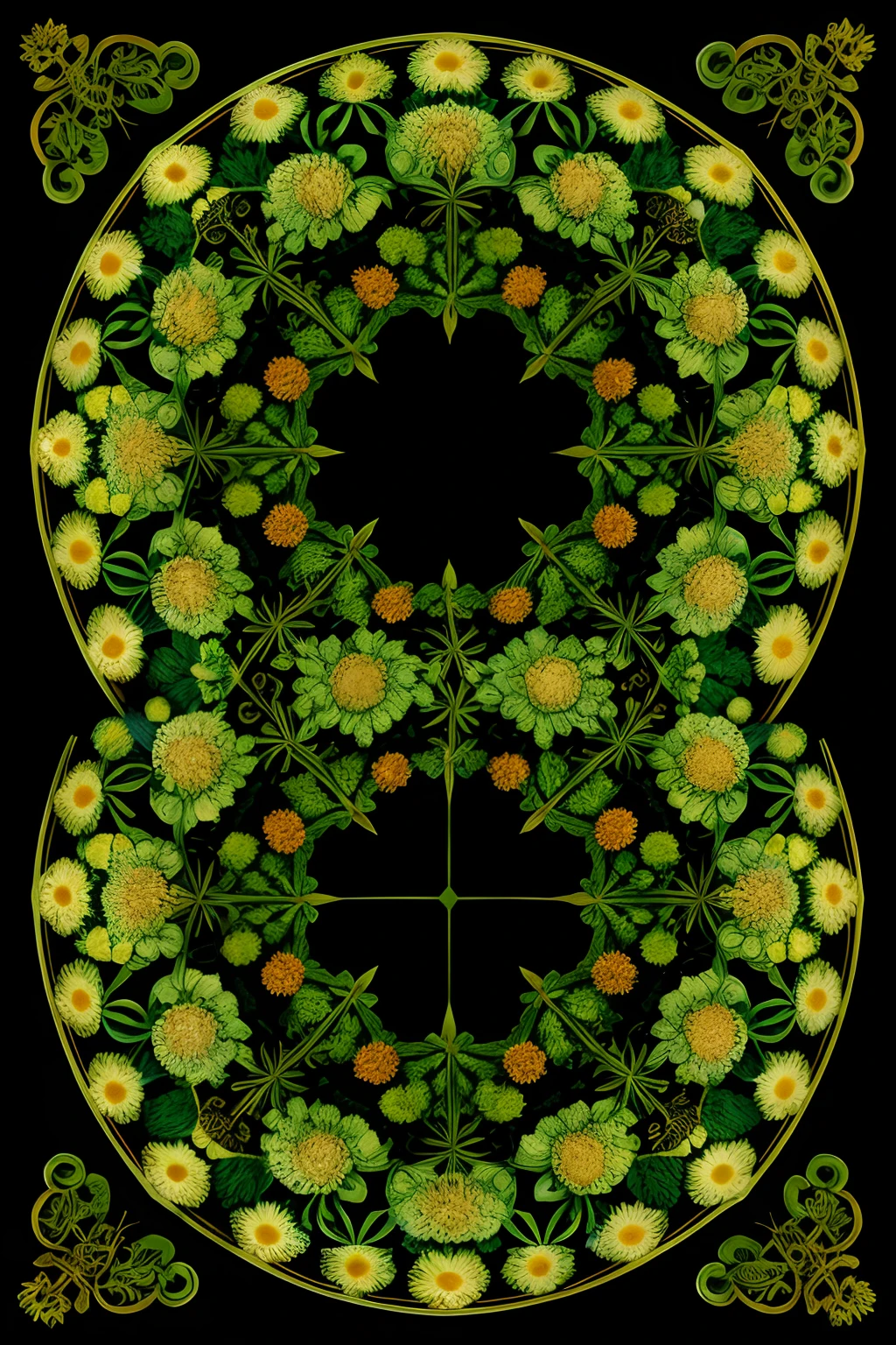 A round ornamental mandala made of green vegetation, plants, flowers and vines.