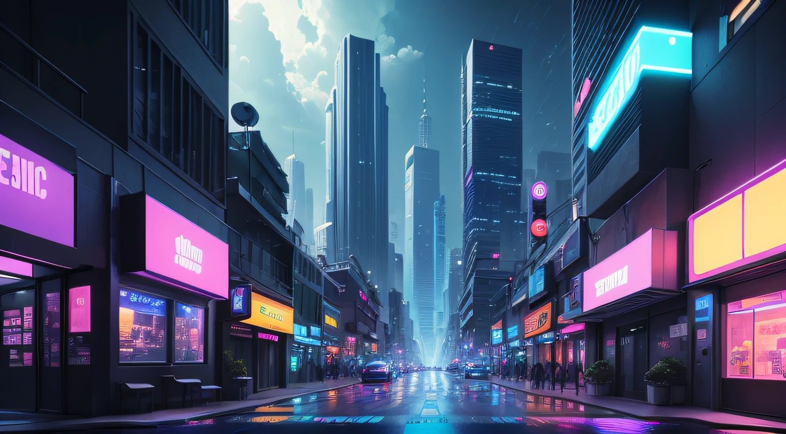A futuristic landscape version of New York City, jazz feito de luz neon azul em uma rua escura e chuvosa de uma cidade cyberpunk. Ao seu redor, hologramas de notas musicais flutuam e brilham suavemente, cartoon