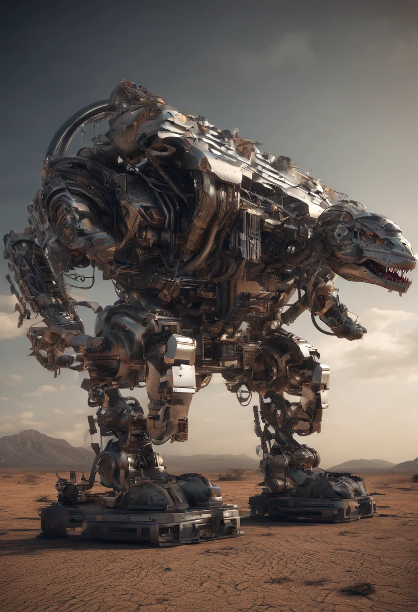 (in a desert:1.3),(Japanese style,WWII style:1.2),Front view,Retro,(Dinosaur form,Lying on the ground on all fours:1.3),large tall,Majesty,High detail,Gigantic body,(Loaded with three cannons:1.2)