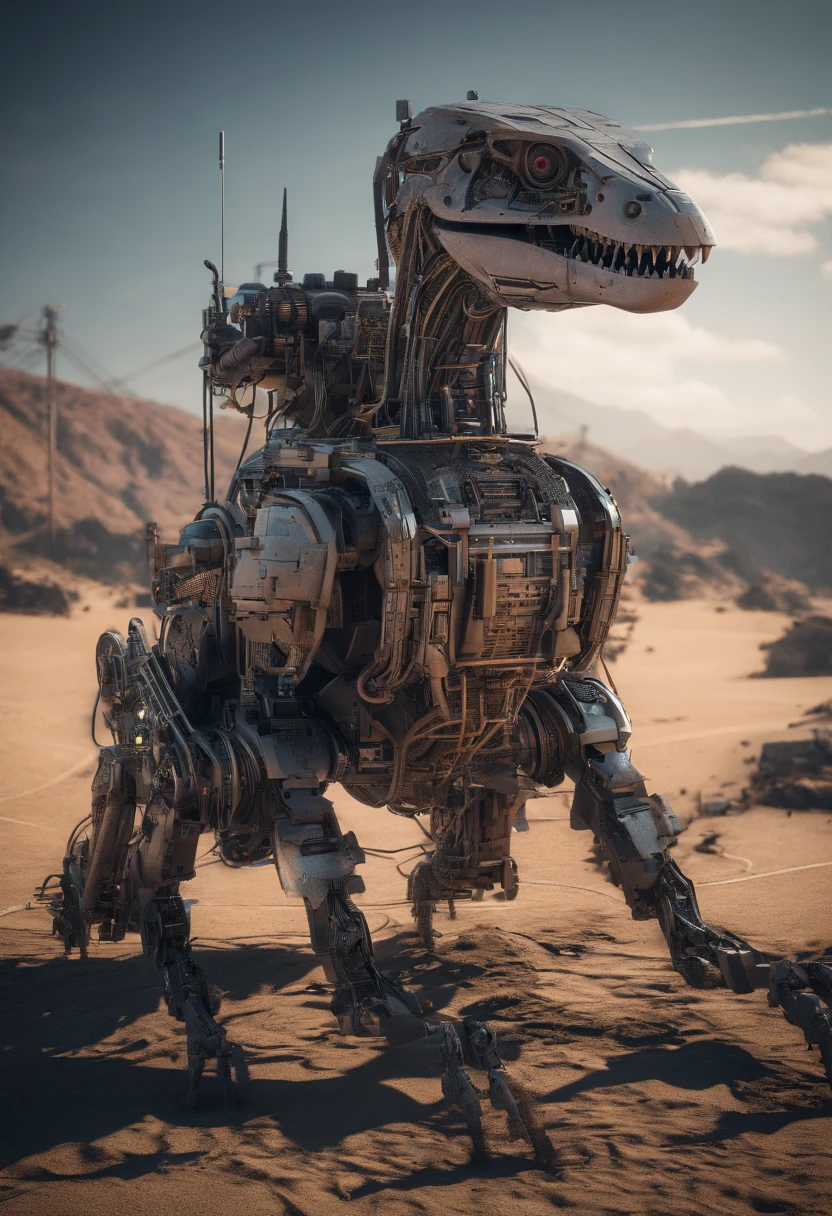 (in a desert:1.3),(Japanese style,WWII style:1.2),Front view,Retro,(Dinosaur form,Lying on the ground on all fours:1.3),large tall,Majesty,High detail,Gigantic body,(Loaded with three cannons:1.2)