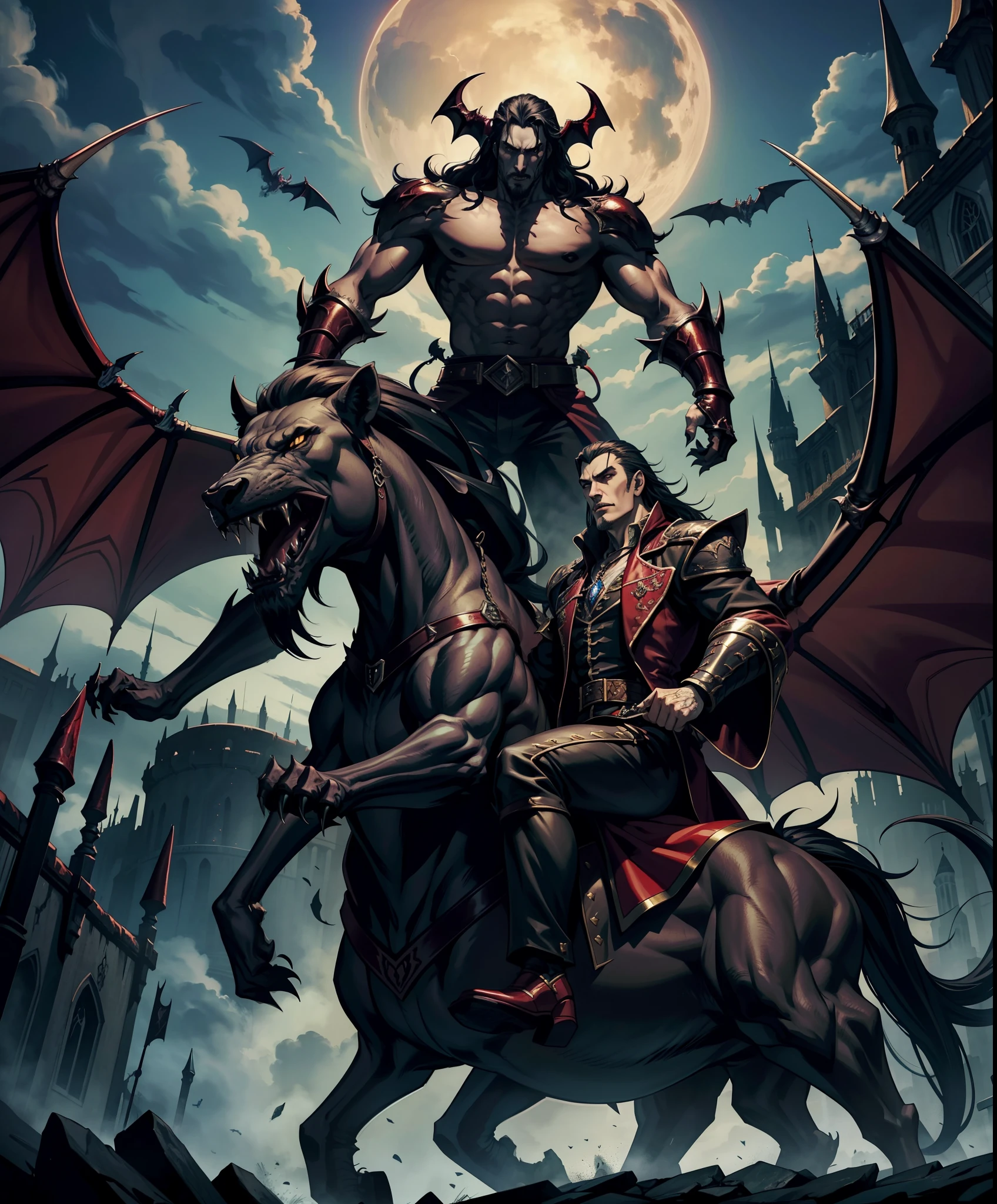 Lord Dracula Castlevania shadow lords riding big legendary roaring lion with an army of demons behind him hyper realistic super detailed