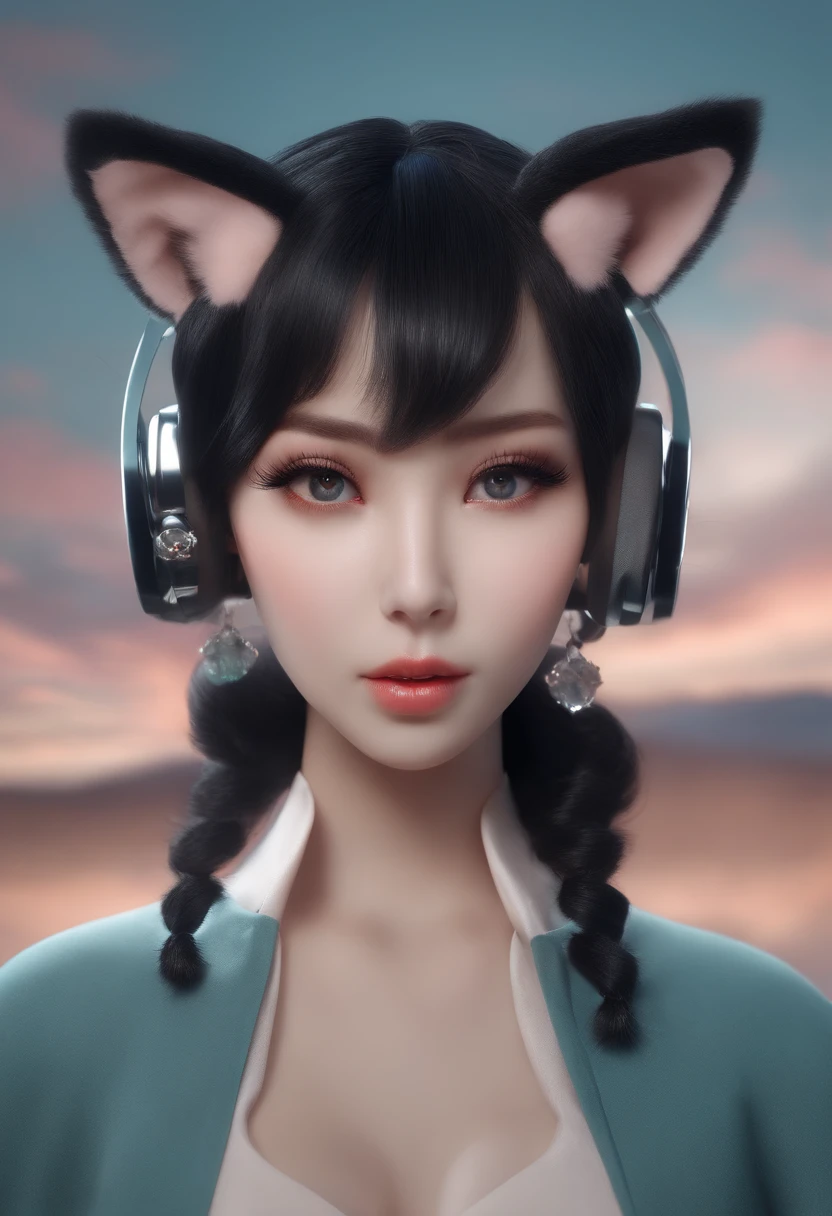 black hair, hair bobbles, wince, longeyelashes, solid circle eyes, fake animal ears, light smile, ear blush, fang, Surrealism, drop shadow, anaglyph, stereogram, tachi-e, pov, atmospheric perspective, 8k, super detail, ccurate, best quality