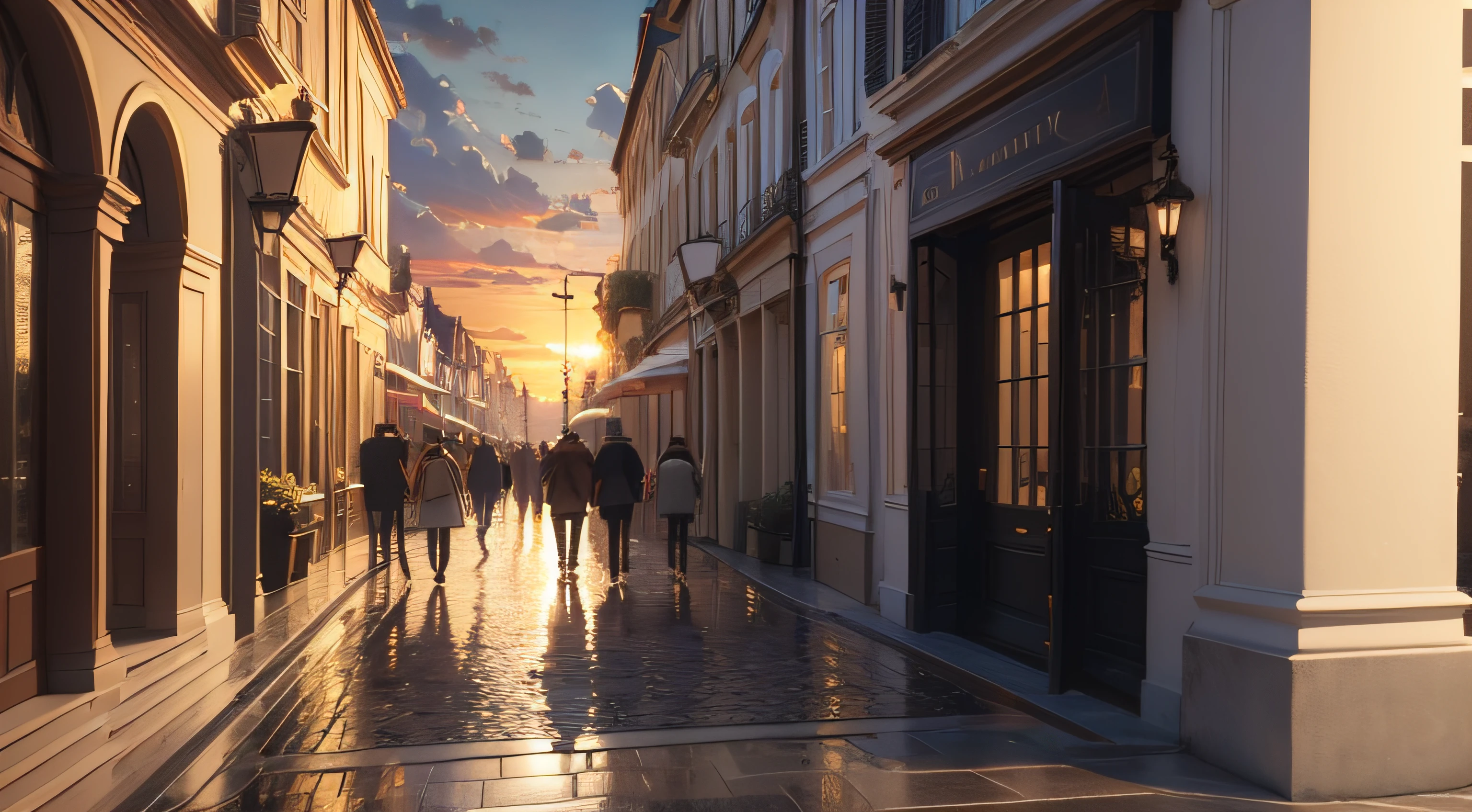 Oil paint of sunset in a European city from the 1940s, with beautiful neoclassical and French style buildings, the afternoon is rainy and you can see the reflections of people and faces on the pavement, elegant atmosphere, many details, render lumion 8k, render unreal engine architecture, many details, cinematic yellow lighting in warm tones, image in the style of an impressionist oil painting, monet, manet cezanne,