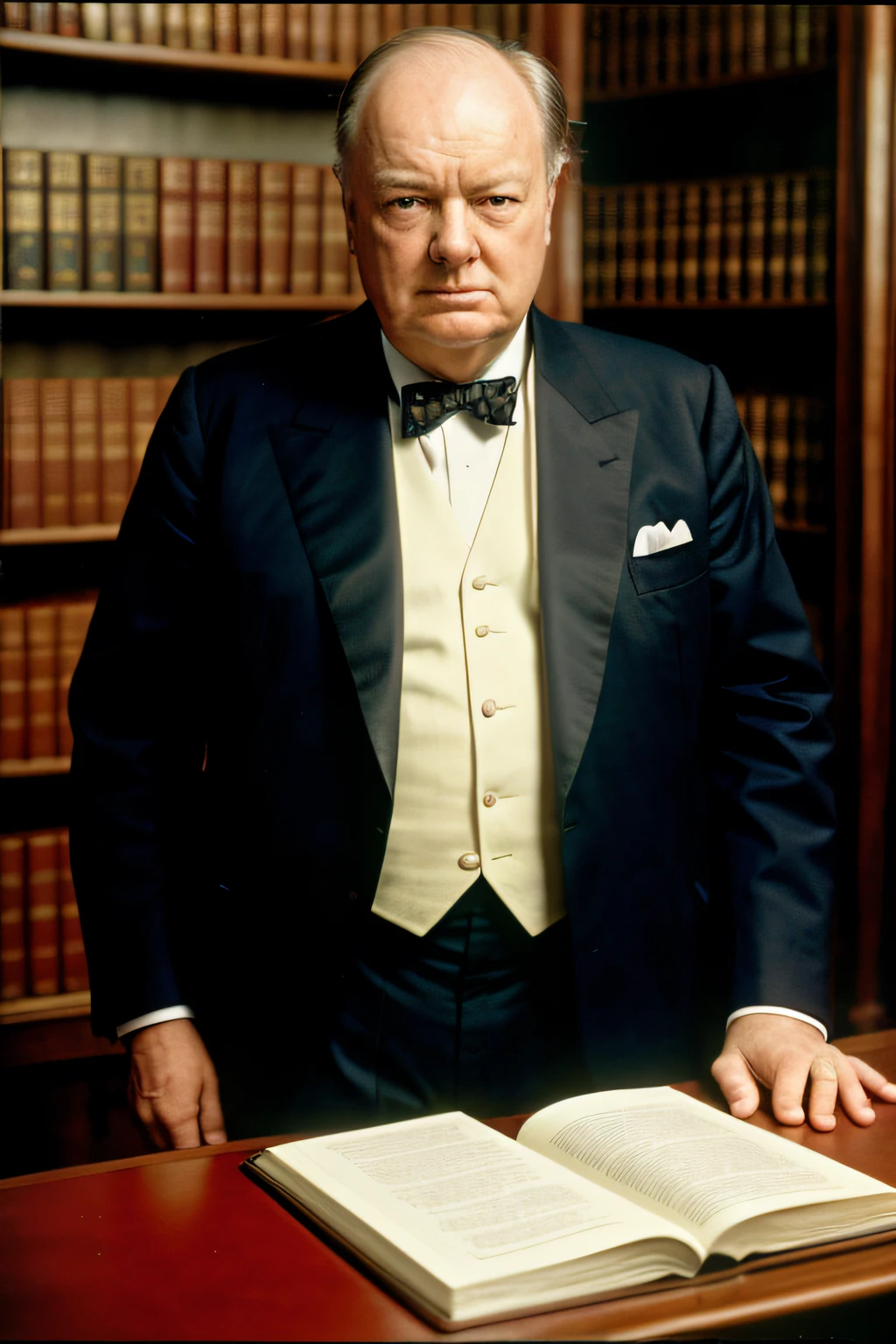 Winston Churchill wearing shirt and pants (em uma biblioteca), Very detailed, alta resolução, master part, best quality, detalhes intrincados, altamente detalhado, foco nítido, pele detalhada, textura de pele realista, textura, Olhos detalhados, profissional, 4k, filmado na Canon, 85 millimeters,profundidade de campo rasa, kodak vision color, corpo de ajuste perfeito, extremamente detalhado, fotografia_\(Ultra\), fotorrealista, Realistic, Post-processing, Max Detalhe, rugosidade, vida real, ultra realistic, fotorrealismo, fotografia, 8k UHD, fotografia (filmic grain) Atmospheric dark illumination of medium shot
