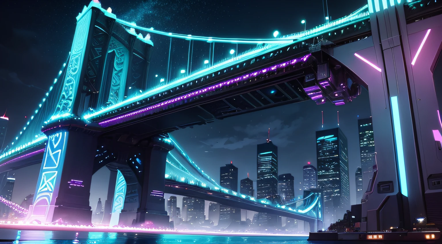 A futuristic version of the Manhattan Bridge in the landscape of New York City, jazz feito de luz neon azul em uma rua escura e chuvosa de uma cidade cyberpunk. Ao seu redor, hologramas de notas musicais flutuam e brilham suavemente, cartoon