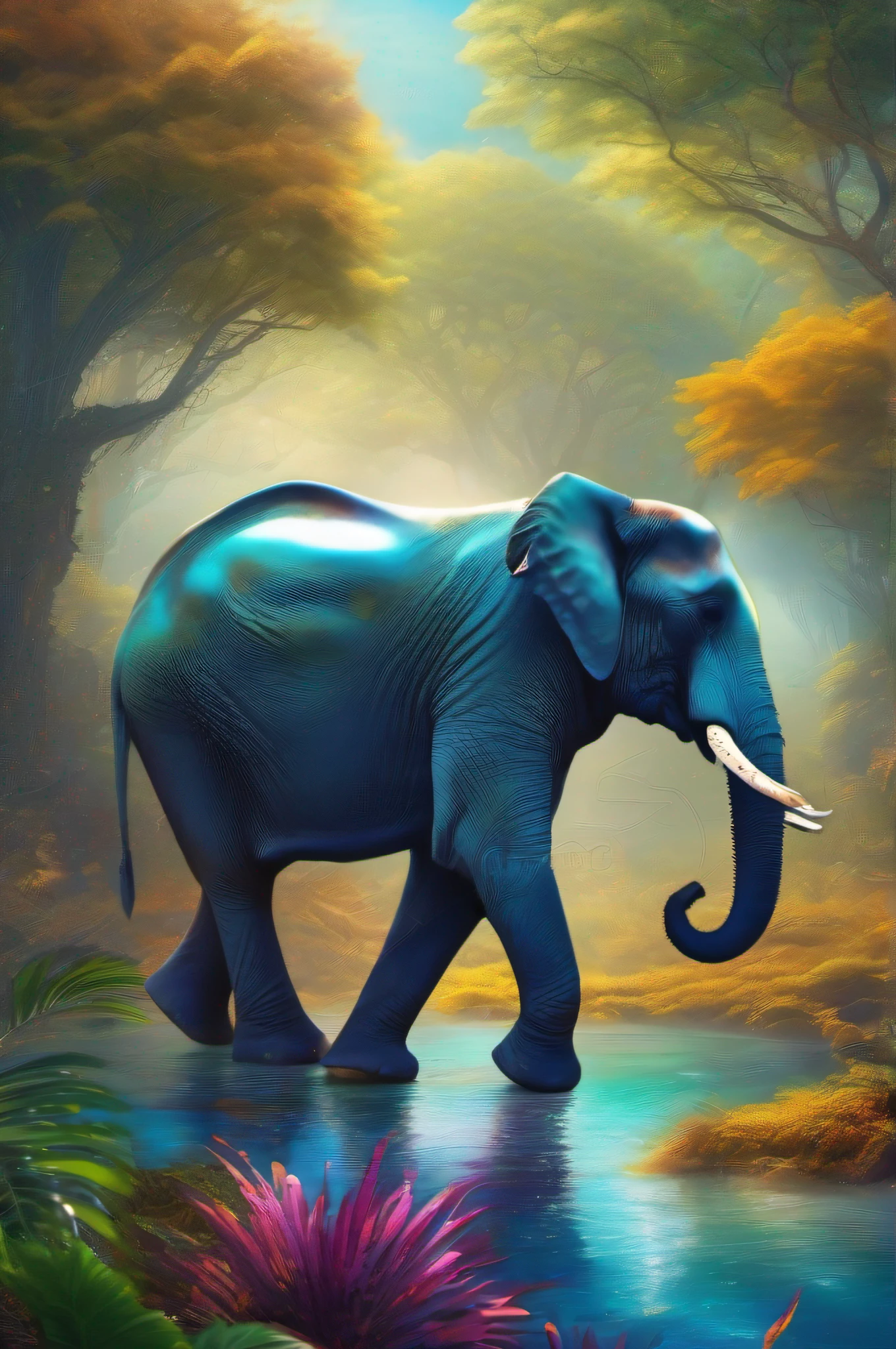 a beautiful elephant in a fantastical kingdom, vibrant safari, tall trees, sunlight filtering through the trees, a blue lagoon with coloful