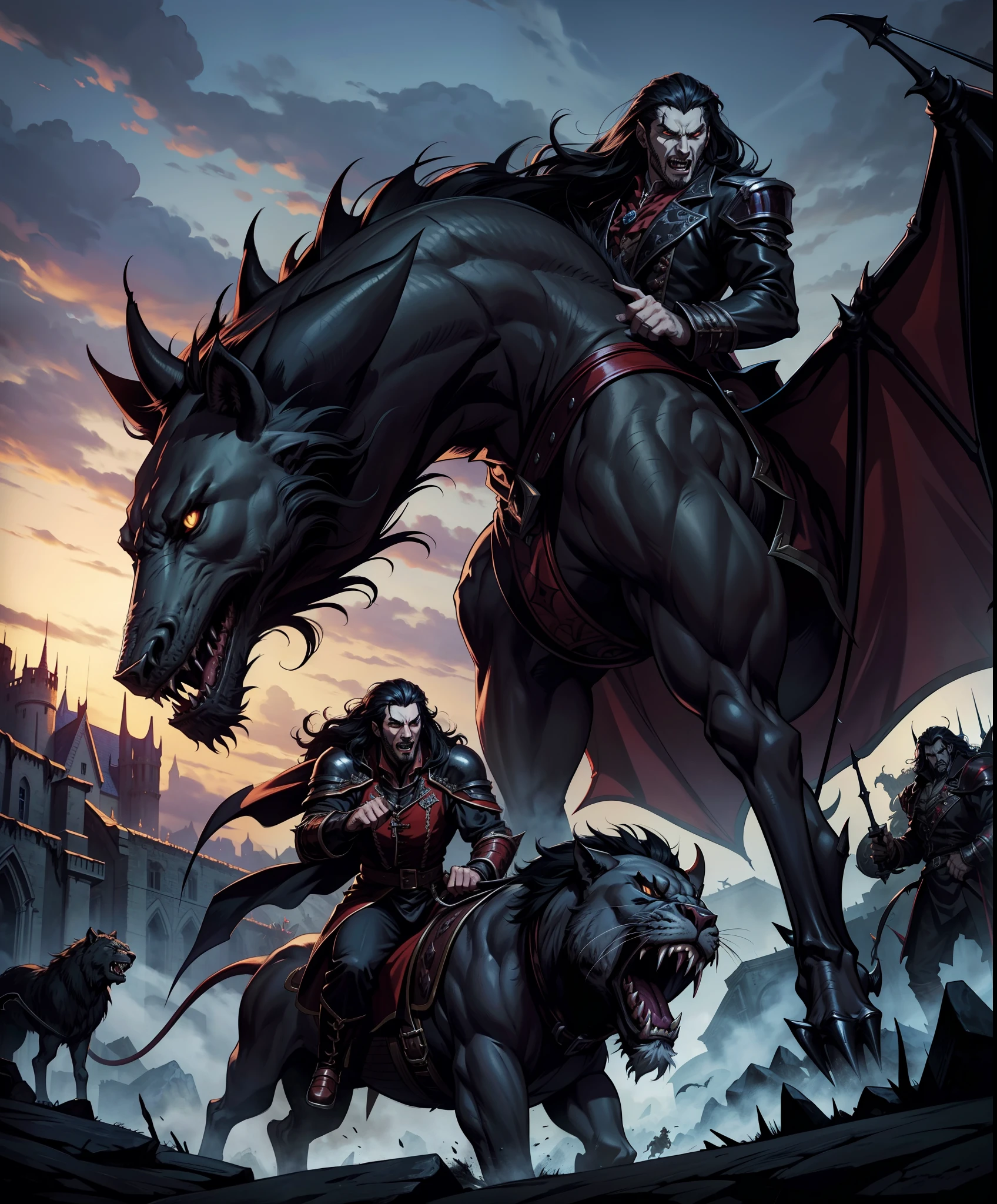 Lord Dracula Castlevania shadow lords riding big legendary roaring lion with an army of demons behind him hyper realistic super detailed