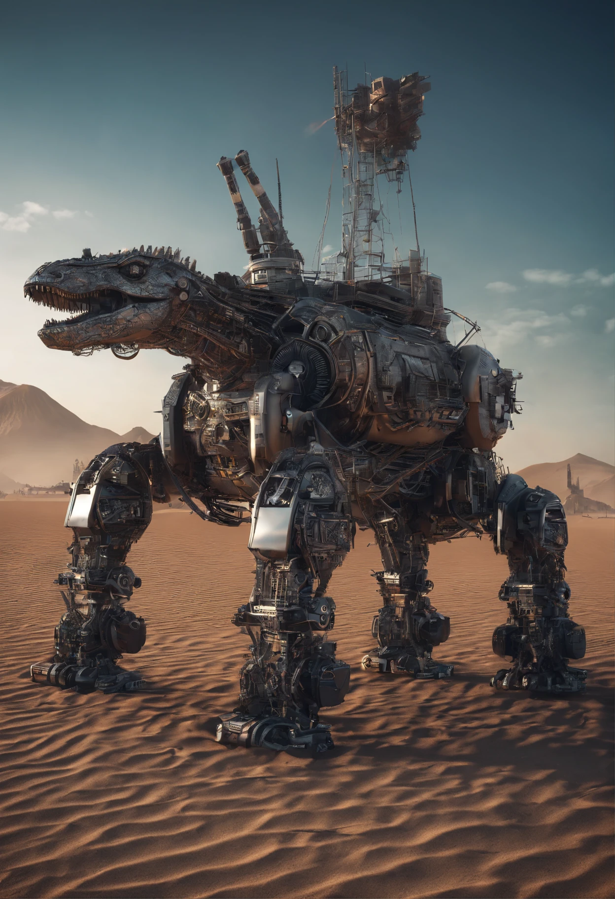 (in a desert:1.3),(Japanese style,WWII style:1.2),Front view,Retro,(Dinosaur form,Lying on the ground on all fours:1.3),large tall,Majesty,High detail,Gigantic body,(Loaded with three cannons:1.2)