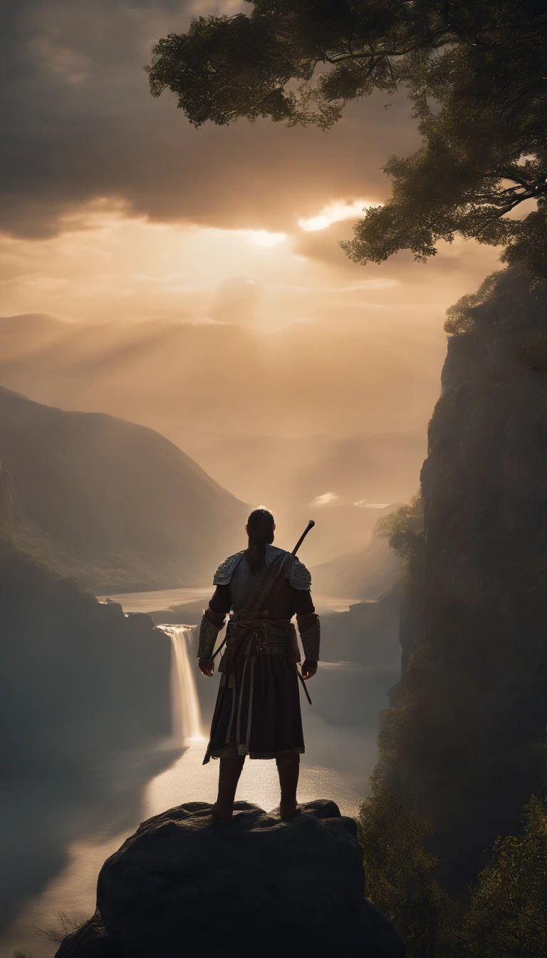 ({{highres,}},masterpiece,ultra-detailed,best quality,8k)cloud, sky, scenery, day, blue_sky, mountain, cloudy_sky, outdoors, waterfall, fantasy, horizon, cliff, rock, water, landscape, mountainous_horizon, ocean, tree, river, floating_island A night praying with his sword before a battle in a sunset