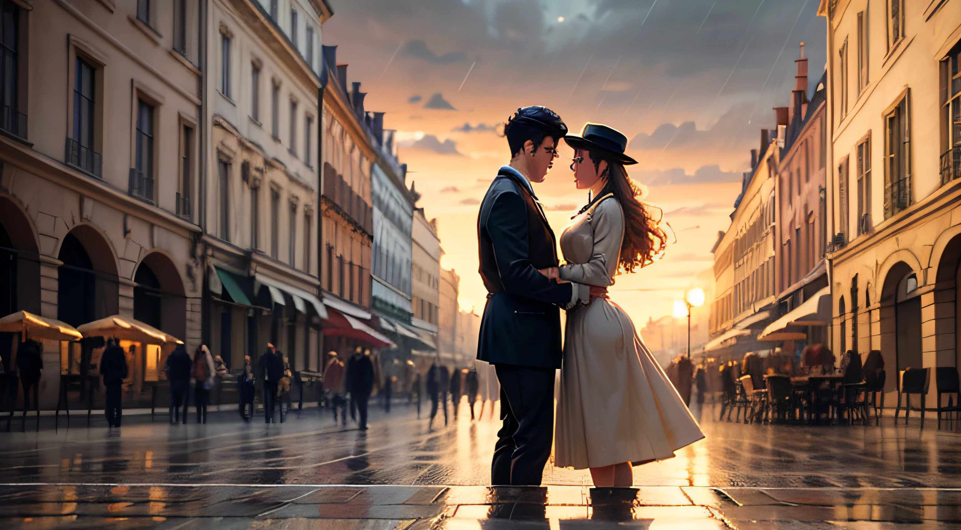 Oil paint of sunset in a European city from the 1940s, with beautiful neoclassical and French style buildings, the afternoon is rainy and you can see the reflections of people and faces on the pavement, elegant atmosphere, many details, render lumion 8k, render unreal engine architecture, many details, cinematic yellow lighting in warm tones, image in the style of an impressionist oil painting, monet, manet cezanne,