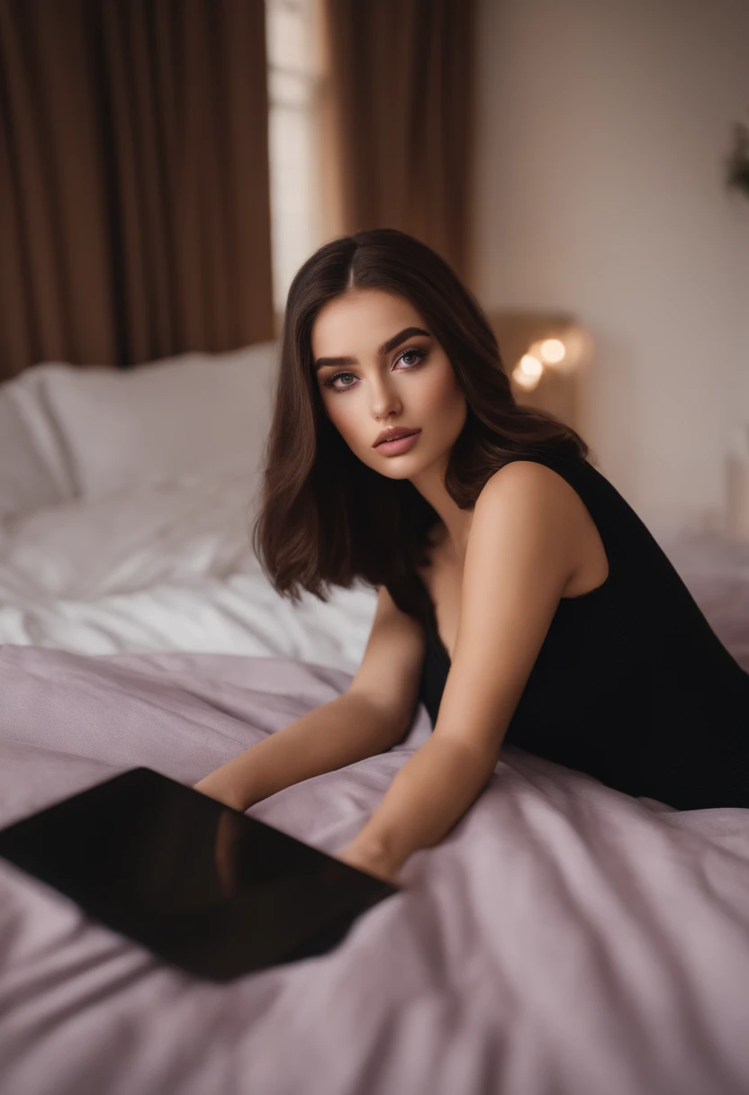 puffy woman wearing black outfit, sexy girl with brown eyes, portrait Sophie Mudd, brown hair and big eyes, selfie of a young woman, bedroom eyes, violet myers, no makeup, natural makeup, looking directly at the viewer, body straight forward , straight head, face with artgram, subtle makeup, stunning full body photo, in the bedroom, cleavage