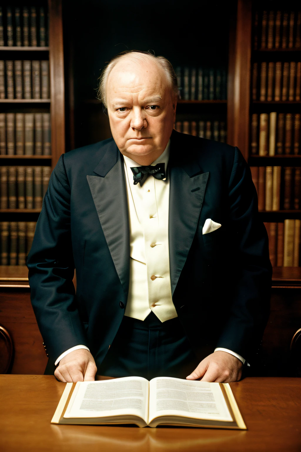 Winston Churchill wearing shirt and pants (em uma biblioteca), Very detailed, alta resolução, master part, best quality, detalhes intrincados, altamente detalhado, foco nítido, pele detalhada, textura de pele realista, textura, Olhos detalhados, profissional, 4k, filmado na Canon, 85 millimeters,profundidade de campo rasa, kodak vision color, corpo de ajuste perfeito, extremamente detalhado, fotografia_\(Ultra\), fotorrealista, Realistic, Post-processing, Max Detalhe, rugosidade, vida real, ultra realistic, fotorrealismo, fotografia, 8k UHD, fotografia (filmic grain) Atmospheric dark illumination of medium shot