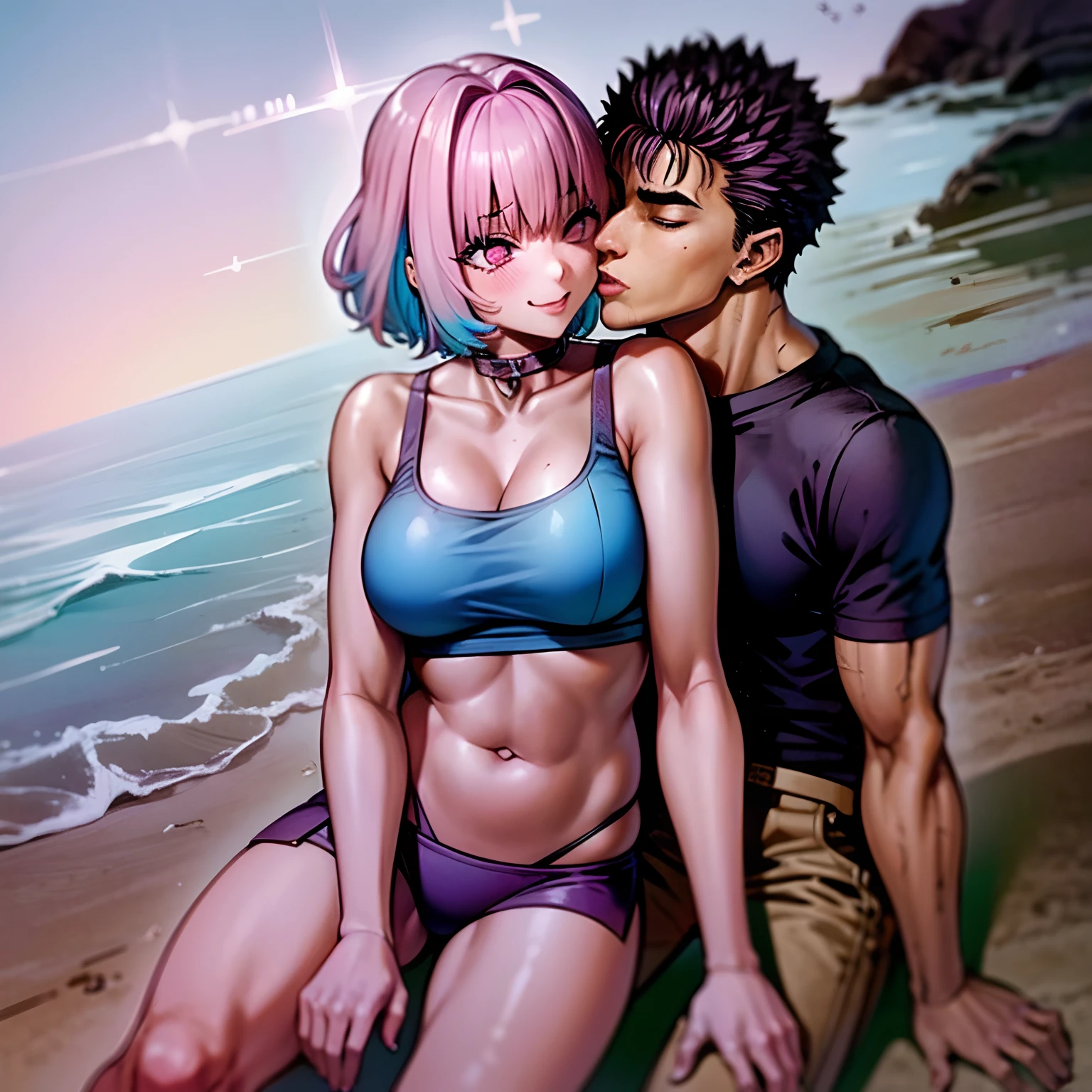 masterpiece, best quality, 1girl, riamu, blue shirt, pleated skirt, solo, simple background, bikini, beach, riamu and guts, husband and wife, couple happy in a beach, , purple hair,1boy, sitting in couple, affection, love,relationship, lovey dovey, happy, , smile, 2character, guts pants, kiss, kissing, guts pullover, riamu bikini