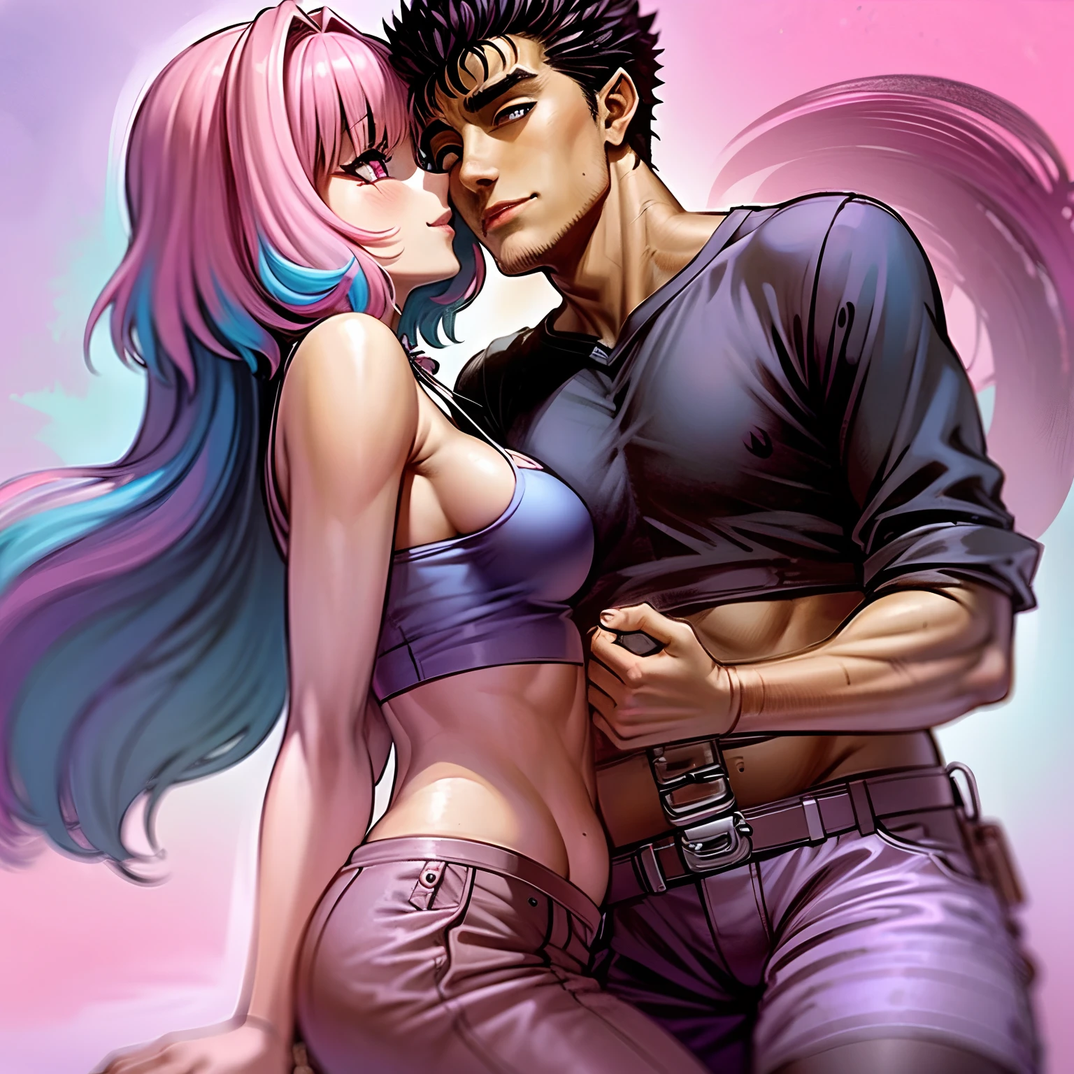 masterpiece, best quality, 1girl, riamu, blue shirt, pleated skirt, solo, simple background, bikini, beach, riamu and guts, husband and wife, couple happy in a beach, , purple hair,1boy, sitting in couple, affection, love,relationship, lovey dovey, happy, , smile, 2character, guts pants, kiss, kissing, guts pullover, riamu bikini