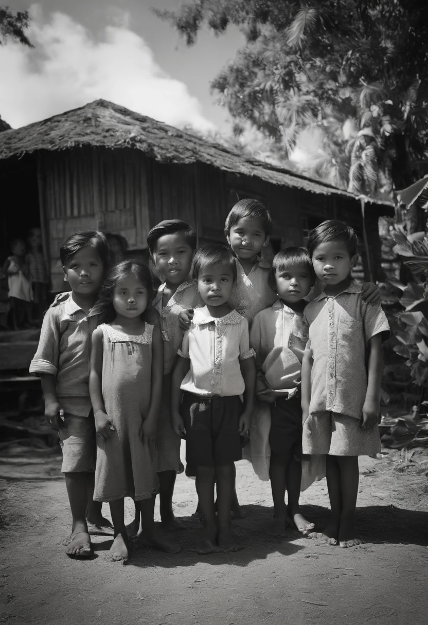 arafed photo of a group of children posing for a picture, a black and white photo inspired by Genco Gulan, tumblr, dau-al-set, old picture, 1970s philippines, old photo, historical image, historical picture, old photograph, historical photo, old style photo, hi - res scan, historical photograph, hi-res scan