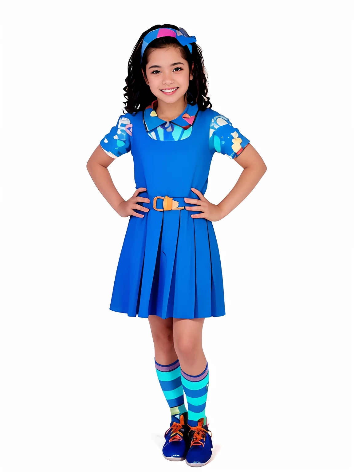 Imagem realista de uma adolescente usando uniforme escolar estilo Kawaii, vestido azul marinho rodado, camiseta com estampa watercolor (azul celeste, pink, violeta, laranja) cinto pink neon, black shoe with pink lace, meias listradas (azul marinho, azul celeste) The girl is standing with a straight posture and a cheerful smile, ela tem olhos azuis e cabelo castanho liso com franja lateral jogada para o lado esquerdo. She has Latin traits