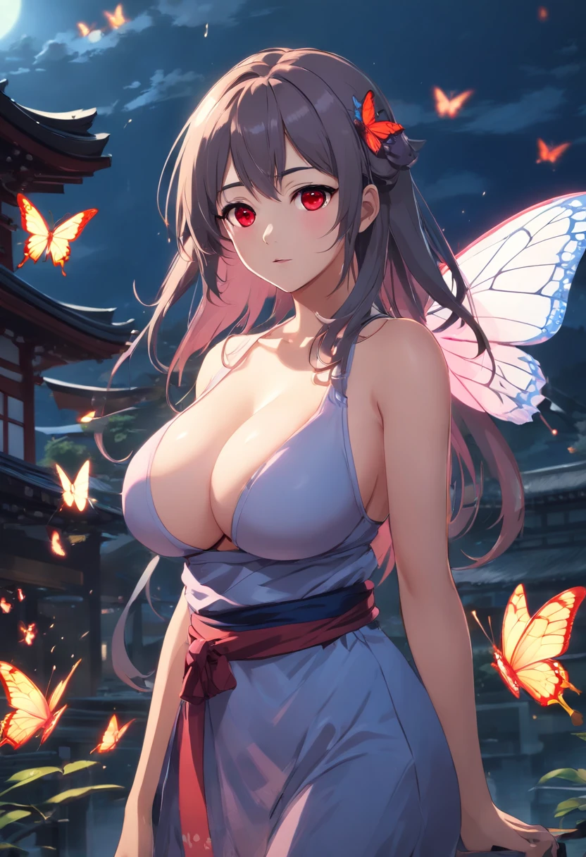 (Ancient Japan:1.2),(Best quality,A high resolution,Masterpiece:1.2),(cinematic Film still from),(Dark atmosphere:1.3),Front view,(1 beautiful woman),(A 23-year-old woman,Gray semi-long hair,red color eyes:1.2),(up-close,Only the upper body is shown:1.0),(Loose and gorgeous clothes that expose the neck:1.05),(depth of fields),(The background is covered with butterflies:1.05),(big boobs:1.35)
