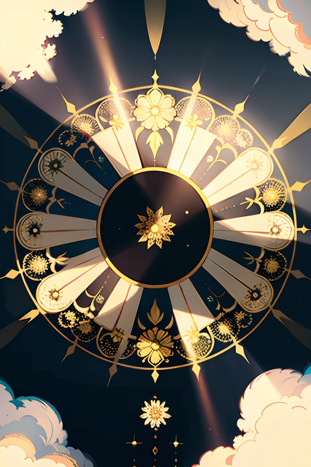 A round ornamental mandala made of light rays from heaven, surrounded by puffy white clouds.