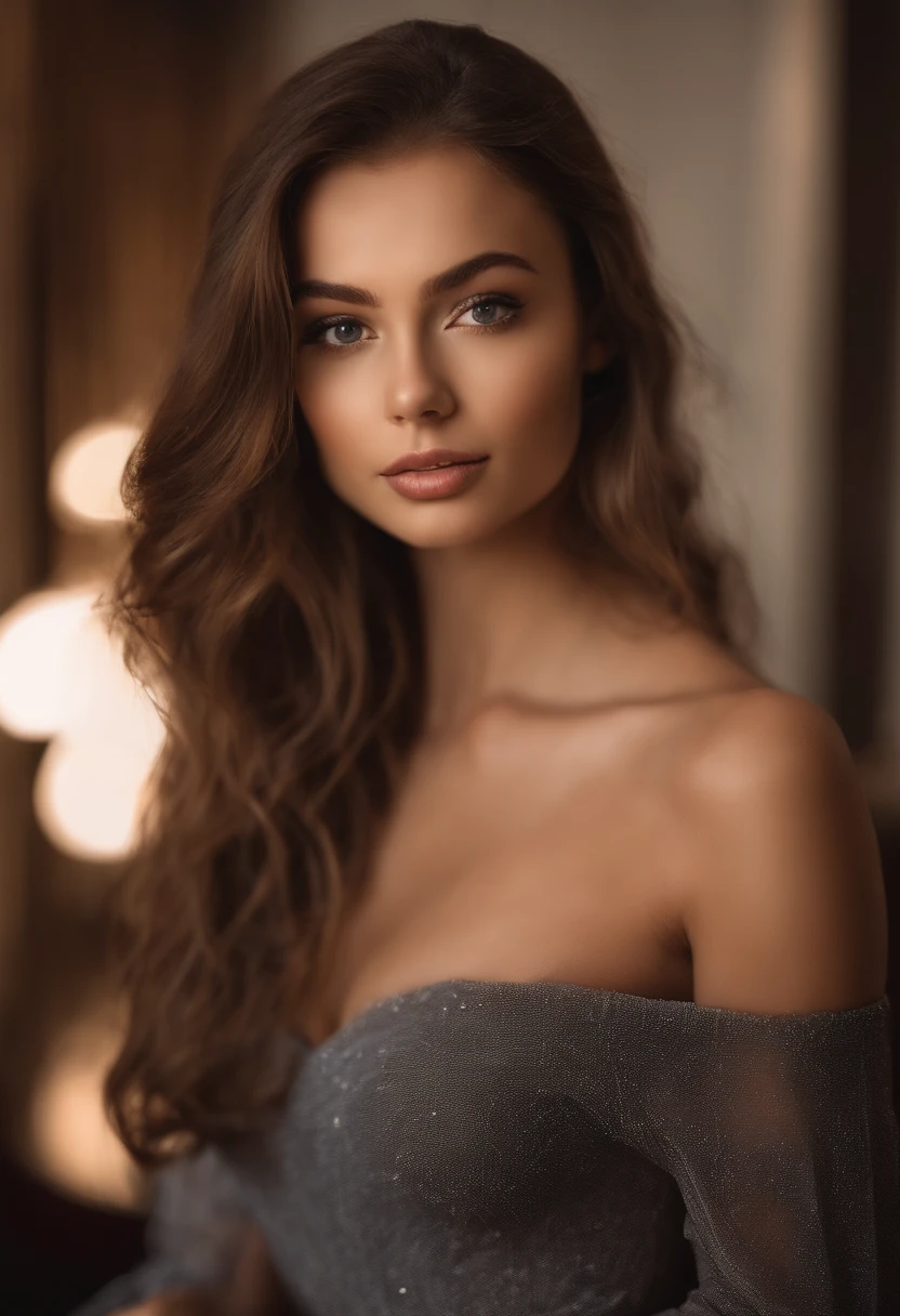 Arafed woman in evening dress, night club, fille sexy aux yeux bruns, Portrait Sophie Mudd, cheveux bruns et grands yeux, selfie of a young woman, Yeux de chambre, sans maquillage, maquillage naturel, looking straight at camera, Visage avec Artgram, Maquillage subtil, Superbe photo du corps entier,