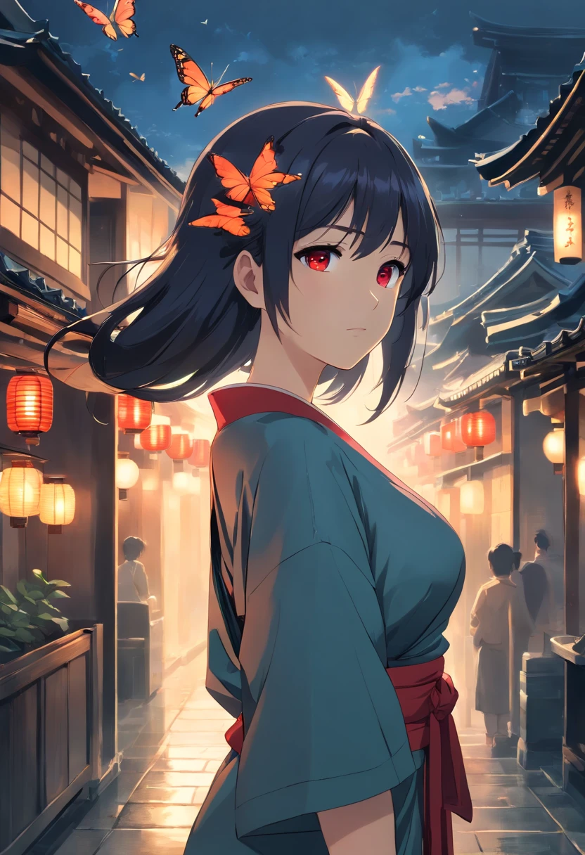 (Ancient Japan:1.2),(Best quality,A high resolution,Masterpiece:1.2),(cinematic Film still from),(Dark atmosphere:1.3),Front view,(1 beautiful woman),(A 23-year-old woman,Black semi-long hair,red color eyes:1.2),(up-close,Only the upper body is shown:1.0),(Loose and gorgeous clothes that expose the neck:1.25),(depth of fields),(The background is covered with butterflies:1.05),(Bigboobs:1.35)