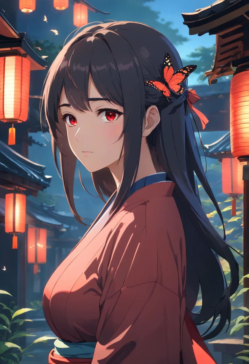 (Ancient Japan:1.2),(Best quality,A high resolution,Masterpiece:1.2),(cinematic Film still from),(Dark atmosphere:1.3),Front view,(1 beautiful woman),(A 23-year-old woman,Black semi-long hair,red color eyes:1.2),(up-close,Only the upper body is shown:1.0),(Loose and gorgeous clothes that expose the neck:1.25),(depth of fields),(The background is covered with butterflies:1.05),(Bigboobs:1.35)