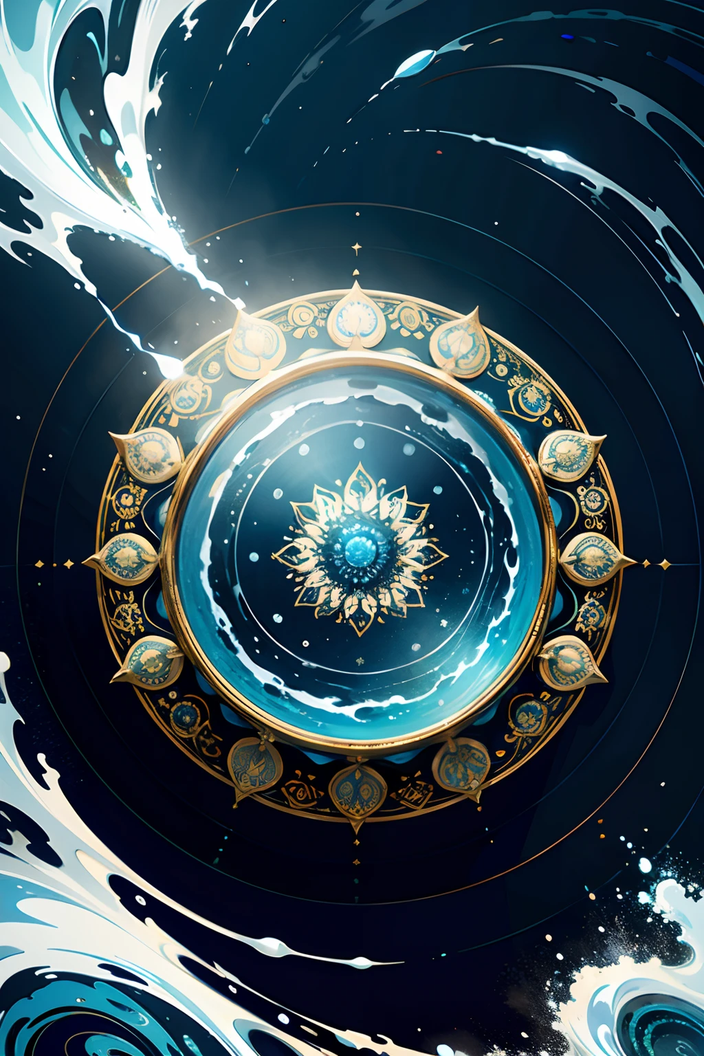 A round ornamental mandala made of a swirling, whirlpool of splashing blue ocean water, surrounded by rocks.