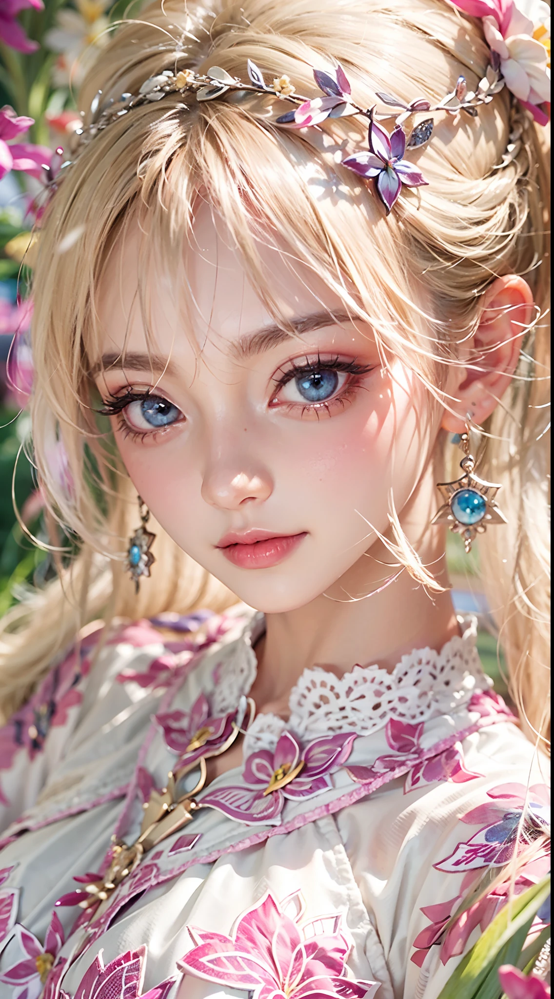 Close up of a girl with a crown of flowers on her head, kawaii realistic portrait, cute natural anime face, beautiful portrait image, artwork in the style of guweiz, soft portrait shot 8 k, wlop : : 5, soft portrait, loish and wlop, Ethereal!!! A hyper-realistic, cute detailed digital art, 🌺 cgsociety
