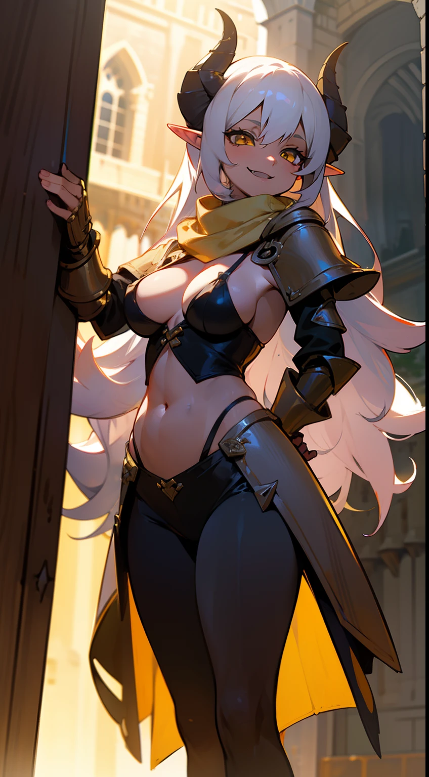 girl,brown skin, hidden arms,long hair, white hair,curly hair, detailed pretty eyes, yellow eyes,(((villain, psycho,  villain smile, psychopath, ))), medium boobs, mid waist,show belly, medium thighs, gold armor outfit, long black stockings, detailed clothes, masterpiece, hyper realistic, high definition,black horns,black pantyhose,elves ears,yellow scarf,(((standing inside of a castle)))