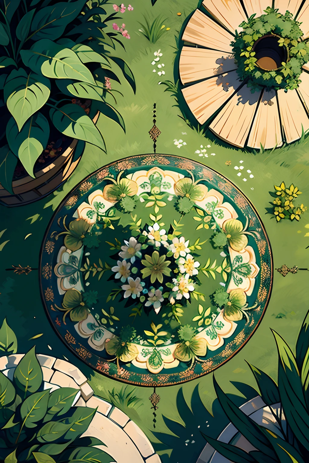 A round ornamental mandala made of green vegetation, plants, flowers and vines.