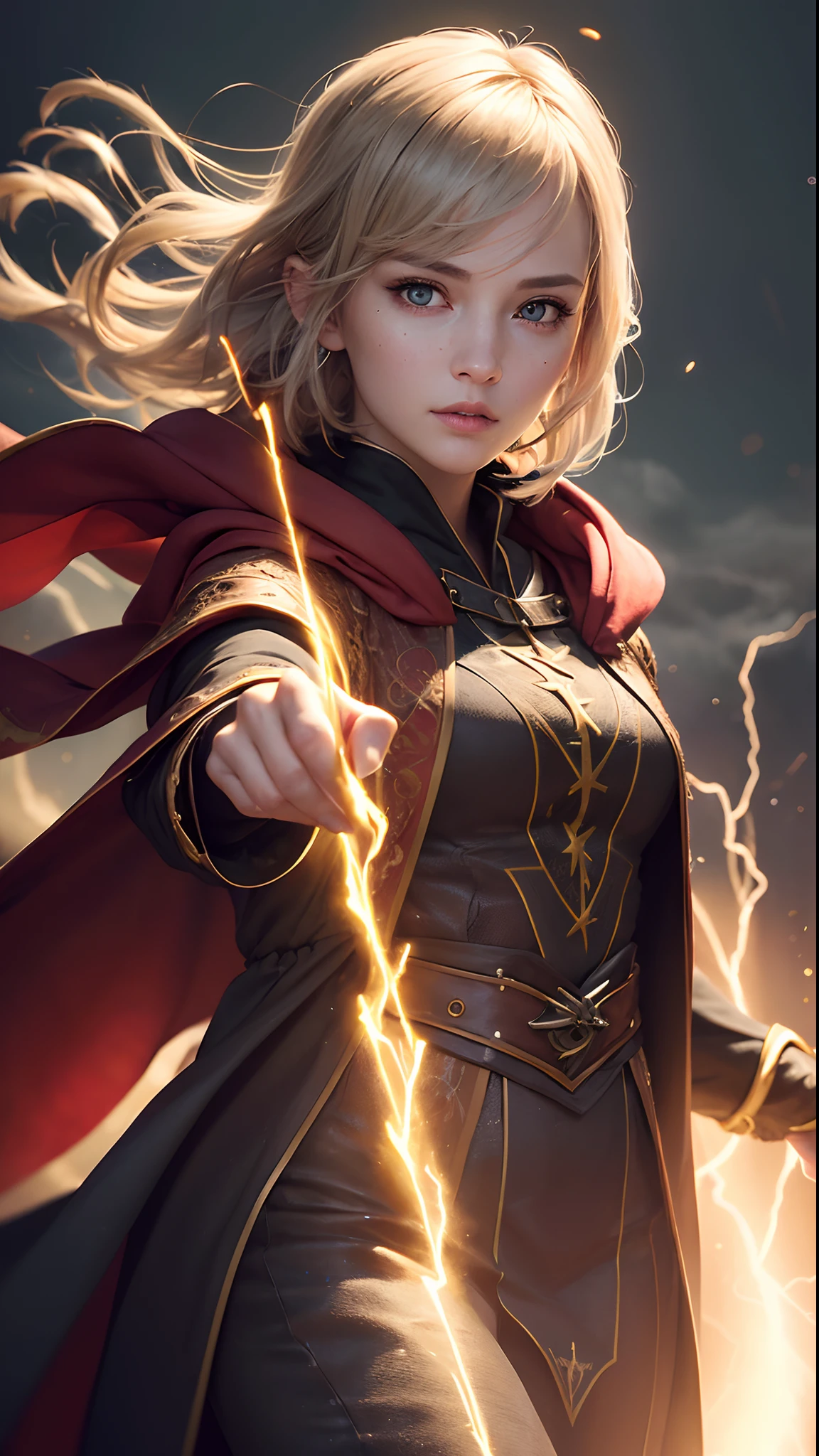 (skindentation:1.5), Realistic, Photorealistic, (masterpiece:1.5), concept art, intricate details, highly detailed, photorealistic, octane render, 8k, unreal engine, dynamic pose, best quality, highres, (realistic face:1.1), (hyperrealistic:1.1), ((full_body)), perfect eyes,(shiny skin:1.2), (((hairstyle))), (((perfect hands))), (extremely detailed background), ((dynamic background)), ((lightning)), (light rays), ((1girl)), wearing cloak, (((flowing cloak))), ((detailed eyes, high quality eyes, high quality face)), (extremely intricate robes, magical robes), short hair, casting lightning, electricity, swirling fire, radiating power, sparks, smoke, magic, ((dramatic)), epic, battlefield, depth of field, bokeh, 4k, gothic, ember, particles,