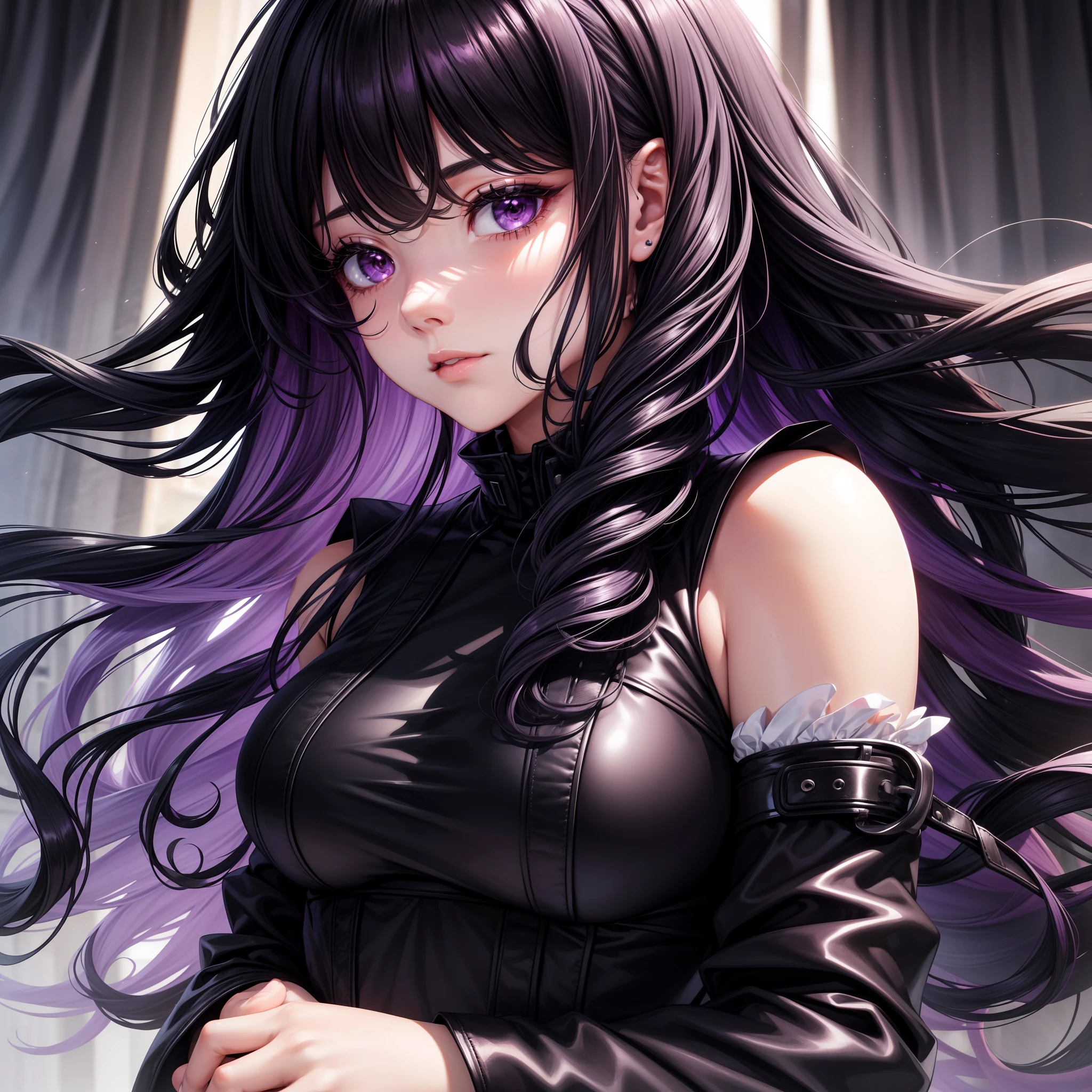 young woman with long dark onyx hair that has purple highlights,deep violet eyes,short strature, rectangle body figure,wearing an elegant black outfit