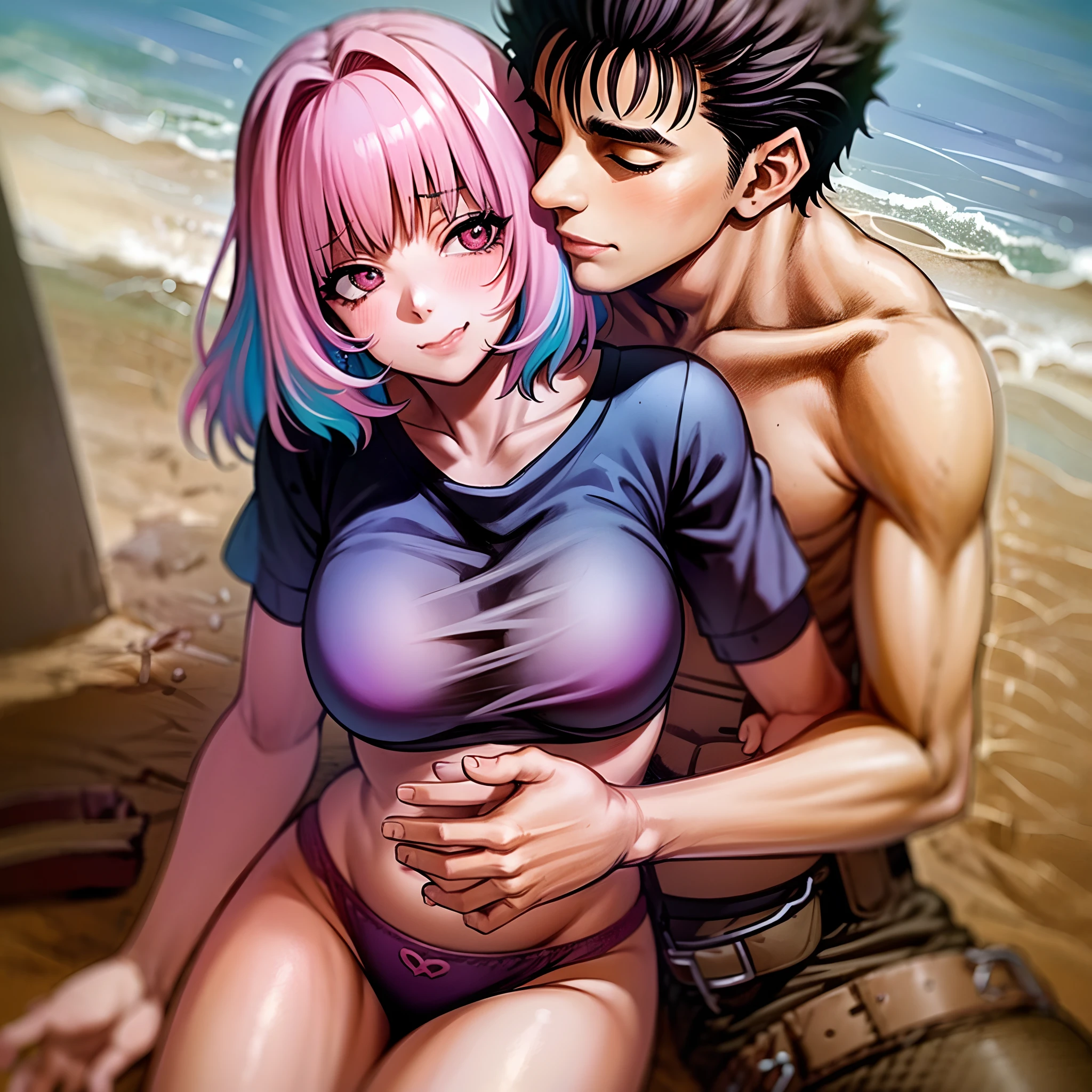 masterpiece, best quality, 1girl, riamu, blue shirt, pleated skirt, solo, simple background, bikini, beach, riamu and guts, husband and wife, couple happy in a beach, , purple hair,1boy, sitting in couple, affection, love,relationship, lovey dovey, happy, , smile, 2character, guts pants, kiss, kissing, guts pullover, riamu bikini