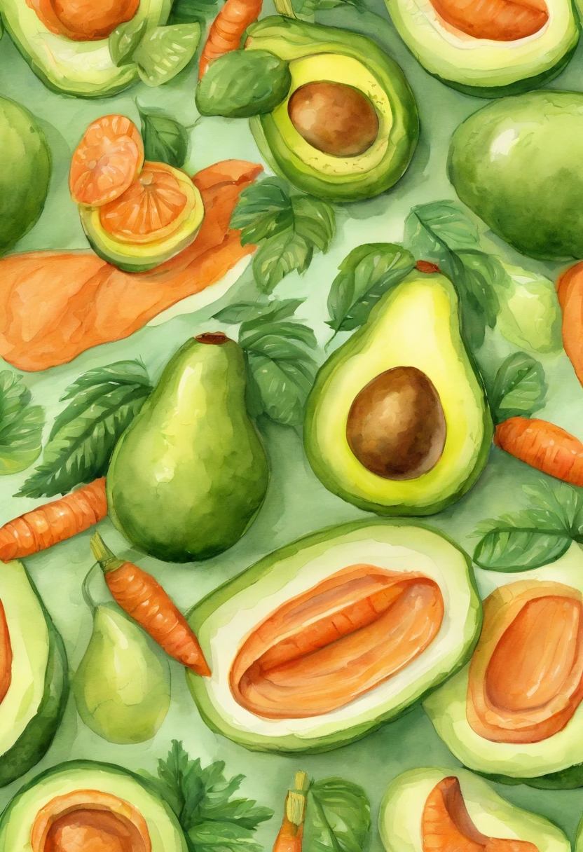 a cartoon avocado 3d eating a carrot at home