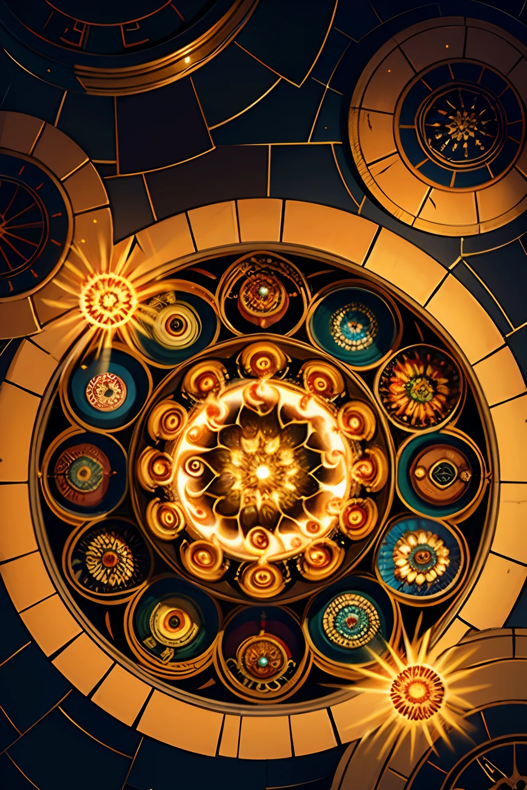 A round ornamental mandala made of fire, flames and a whirlpool of lava, surrounded by stone.