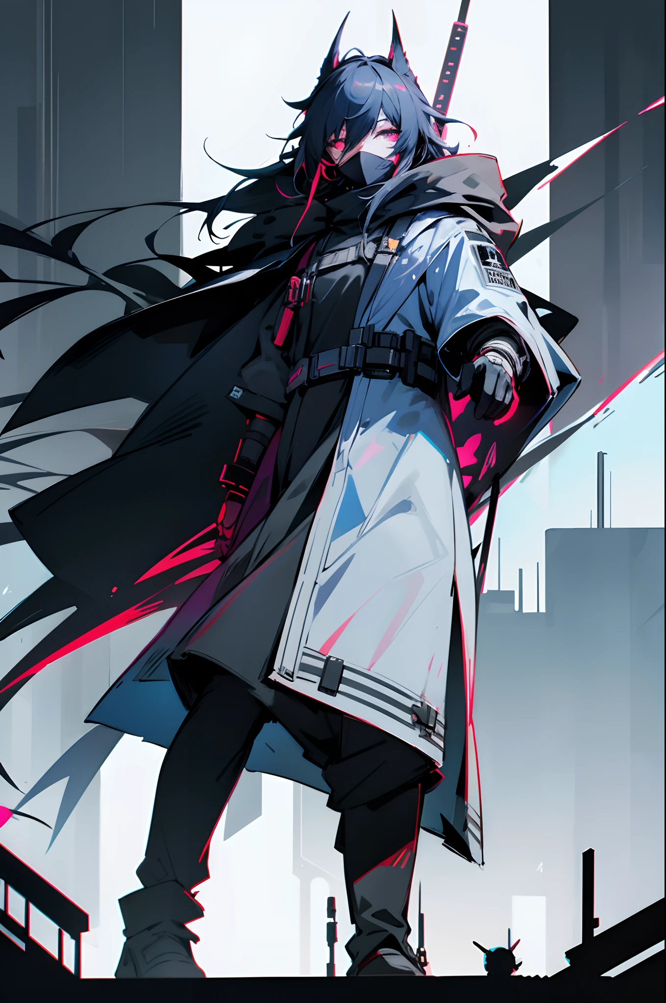 Arknights, {Dr}, Odin, HD, Cyberpunk style, black cloak, without red color, indigo, Neon City, mask, Ears, The eye is not visible, Eye mask, stands, looking at the camera, futuristic city, That's incredible,