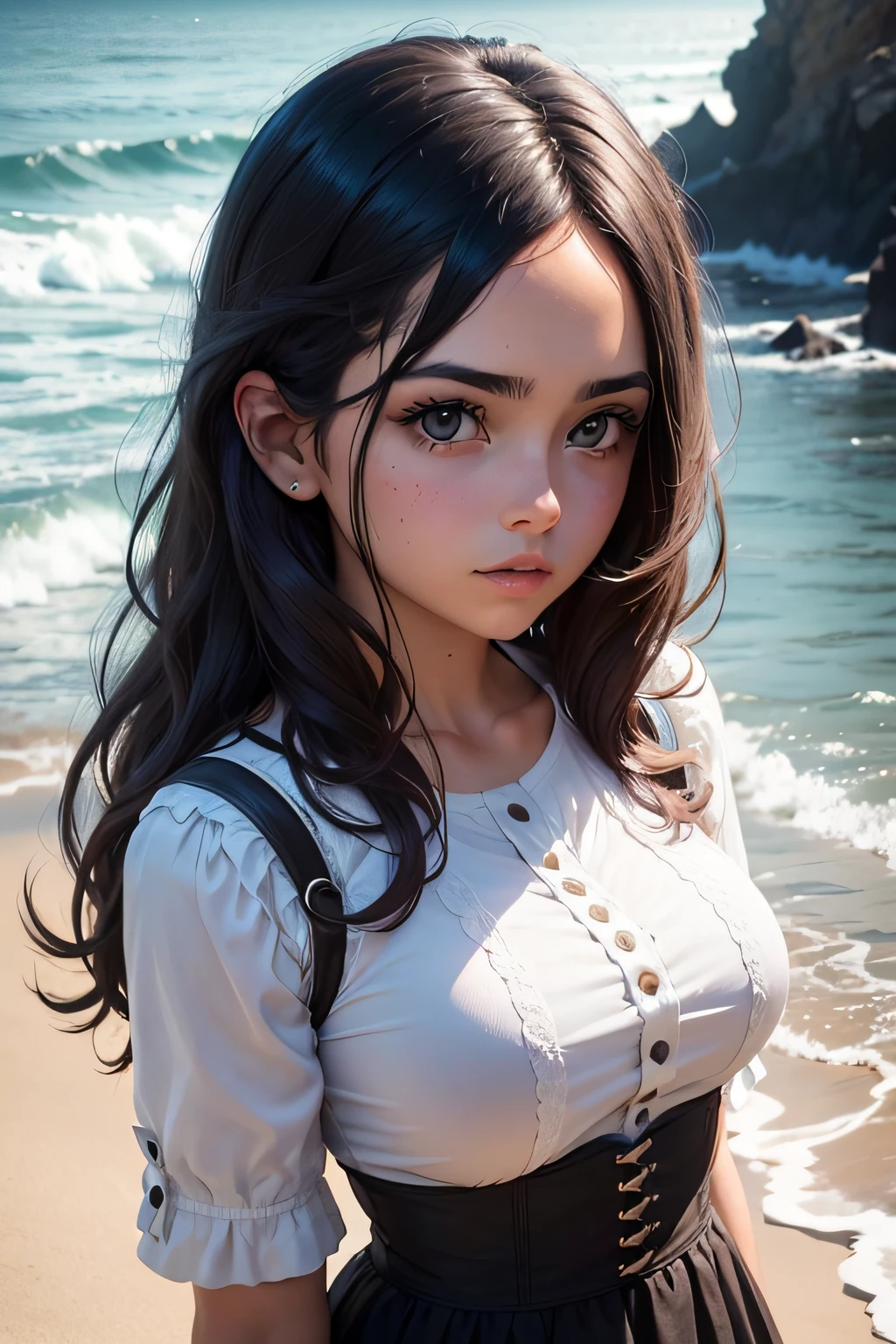 Photograph of an awesome girl, Llevar un top escotado, (((busto muy pesado))), cabello ondulado, sentado sobre rocas, junto a la playa, gaze at the camera, eyes symmetrical, face symmetrical, fotorrealista, Cinematographer, Seguimiento de rutas, specular lighting, Volumetric light for the face, Camino trazado del cabello, Sombras visibles, intrincado, elaborar, hiperrealista