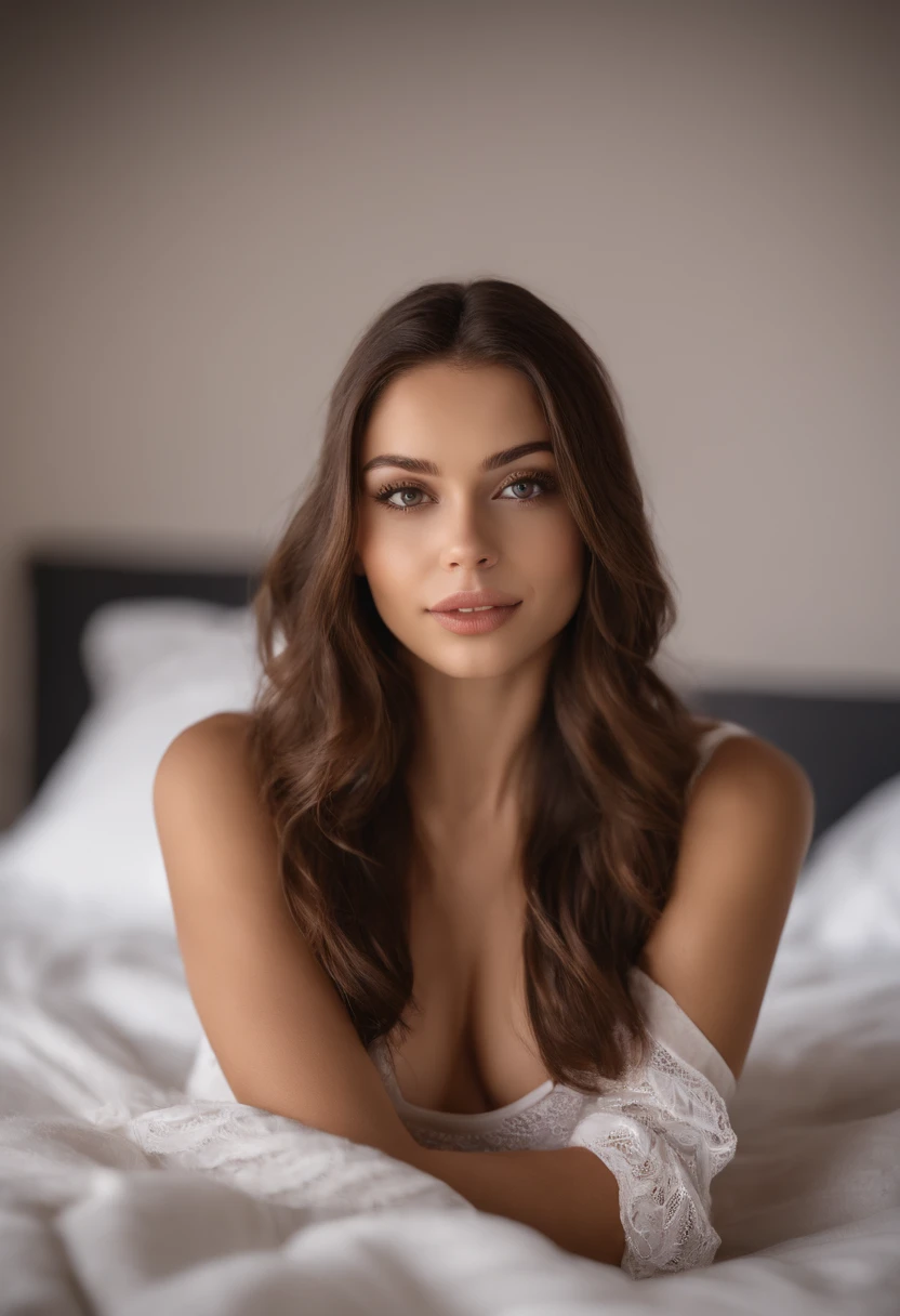 arafed woman with matching tank top and panties, sexy girl with brown eyes, portrait sophie mudd, brown hair and large eyes, selfie of a young woman, bedroom eyes, violet myers, without makeup, natural makeup, looking directly at the camera, face with artgram, subtle makeup, stunning full body shot, in bedroom, cleavage