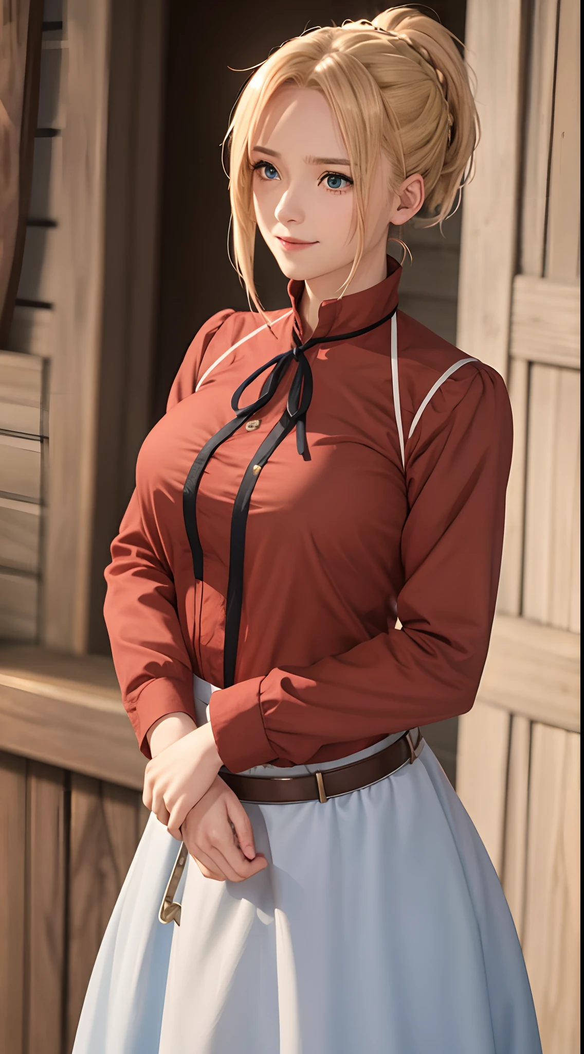 Zenith, 1girl, solo,  blue_eyes, blonde_hair,  smile, long_sleeves, large_breasts, parted_bangs, red_shirt, bangs, ponytail, black_ribbon, brown_skirt,  neck_ribbon, pants, long_skirt