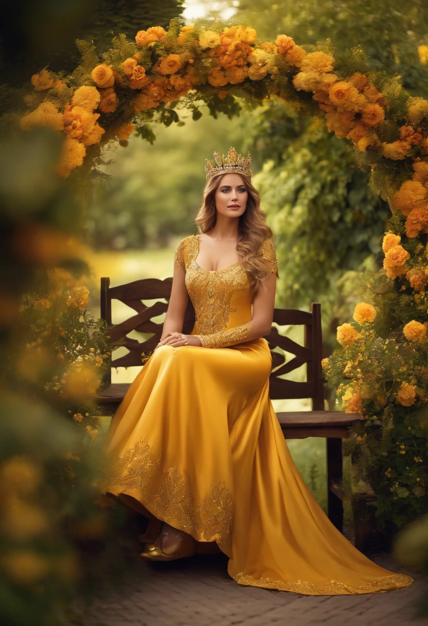 sun goddess, golden dress, golden crown, sitting in a garden with flowers, flower arch background